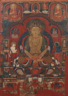 Rare 15th C. Western Tibetan Thangka, Amitayus: A rare thangka depicting Amitayus West Tibet, circa 15th century. Provenance: Sotheby's Paris sale, December 9, 2021 Lot 101 (Price sold- $18,900 Euros). Size: 30.25 x 40.5 in. Golden-bodied Amitayus