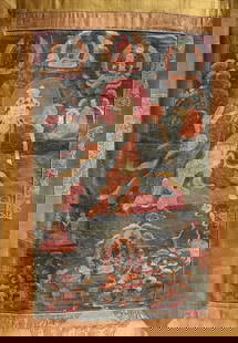 Early Antique Tibetan Thangka, Signed: Early Antique Tibetan Thangka, Signed verso. Distemper on silk. The exterior embroidered with five-claw dragons chasing flaming pearls. Provenance: From the estate of Francis Luis Mora (1874-1940). Im