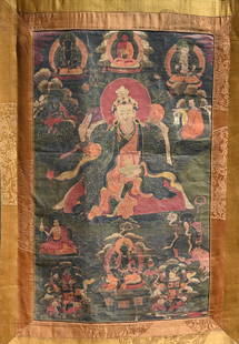 Early Antique Tibetan Thangka, Signed: Early Antique Tibetan Thangka, Signed verso. Distemper on silk. The exterior embroidered with five-claw dragons chasing flaming pearls. Provenance: From the estate of Francis Luis Mora (1874-1940). Im