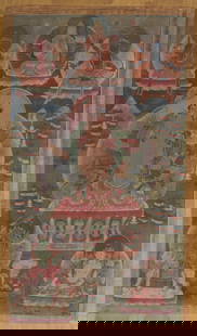 Antique Tibetan Thangka, Manjusri: Antique Tibetan Thangka, Manjusri. Distemper on cloth. Inscribed verso. Manjusri is a bodhisattva associated with prajna (wisdom) in Mahayana Buddhism. His name means "Gentle Glory" in Sanskrit. Prove