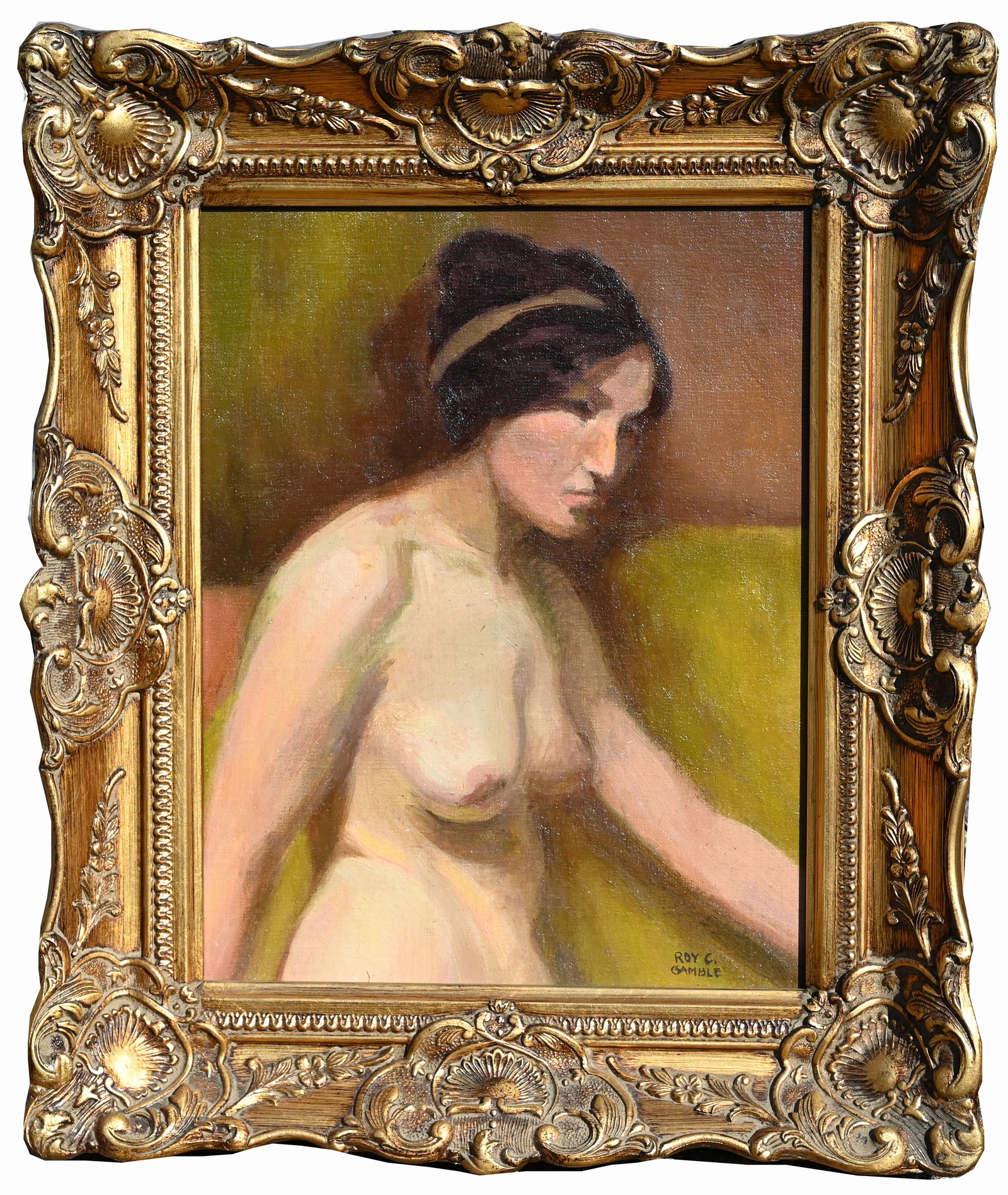 Roy C. Gamble (1887 - 1972): Roy C. Gamble (Michigan, 1887 - 1972) "Nude Portrait" Oil on Canvas. Signed lower right. Bloomfield Fine Art label verso. Sight Size: 15 x 11 in. Overall Framed Size: 18.5 x 16 in.