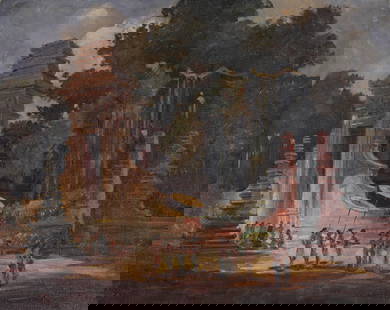 Southeast Asian, Painting of Ruins, Ex Christie's: Southeast Asian School painting of ruins with figures. Christies label verso. Signed indistinctly lower right. Oil on canvas. Size: 19 x 24 in. Unframed.