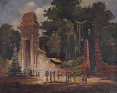 Southeast Asian, Painting of Ruins, Ex Christie's: Southeast Asian School painting of ruins with figures. Christies label verso. Signed indistinctly lower right. Oil on canvas. Size: 19 x 24 in. Unframed.