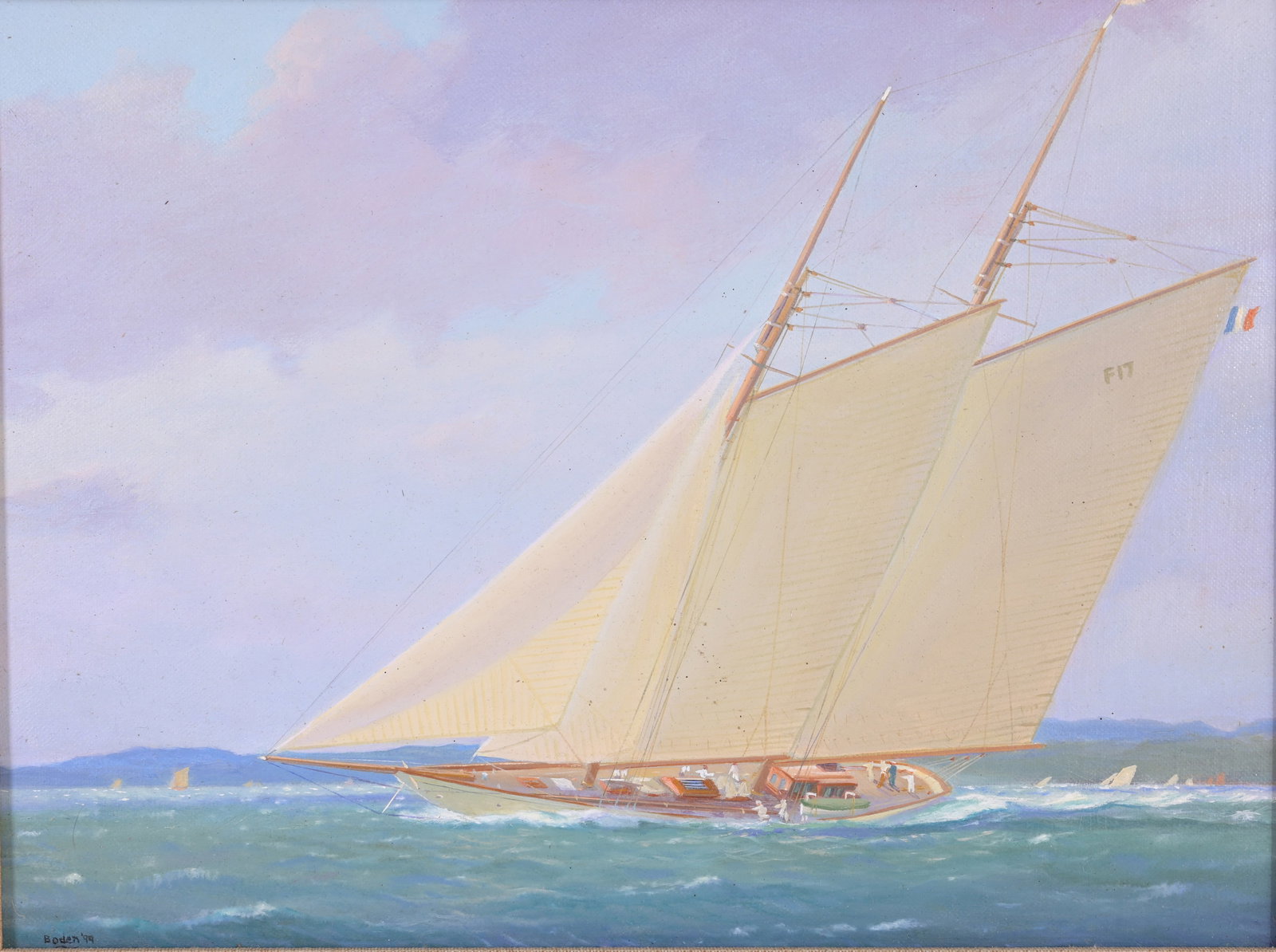 Mark Boden (B. 1956) "Yacht Race": Mark Boden (Bermuda, B. 1956) "Yacht Race" Oil on canvas. Signed and dated ('99) lower left. Sight Size: 8.5 x 11.5 in. Overall Framed Size: 13.5 x 16.5 in.