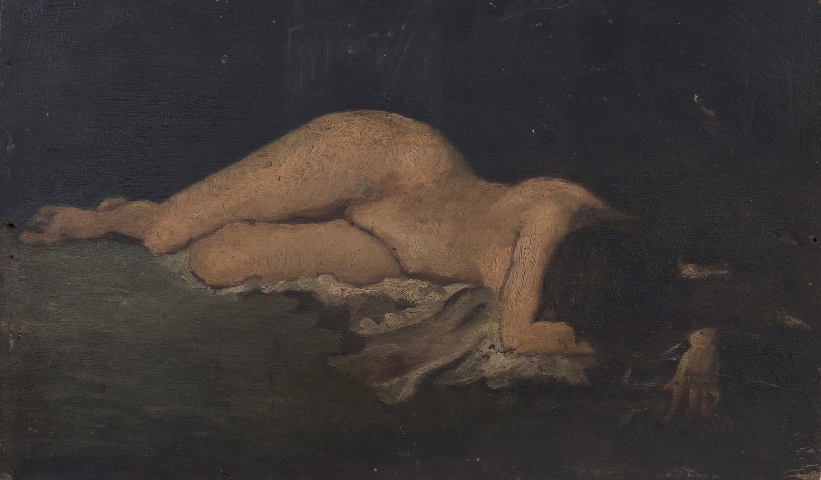 European School, Resting Nude Painting: European School, Resting Nude Painting. Early 20th century. With inscription verso. Oil on board. Size: 7 x 11.5 in. Unframed.