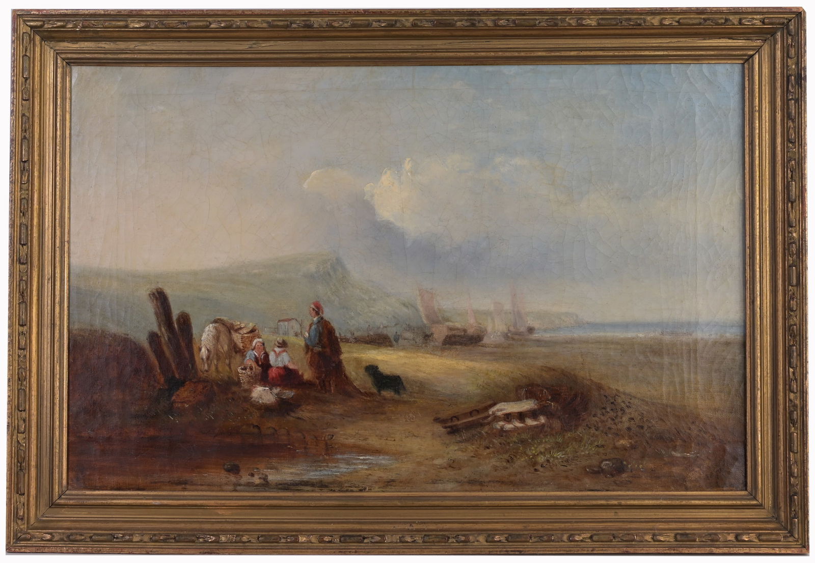 1875 Coastal European Painting with Figures, Signd: 1875 Coastal European Painting with Figures, Signed indistinctly lower right. Oil on canvas. Sight Size: 16 x 24 in. Overall Framed Size: 19 x 27 in.