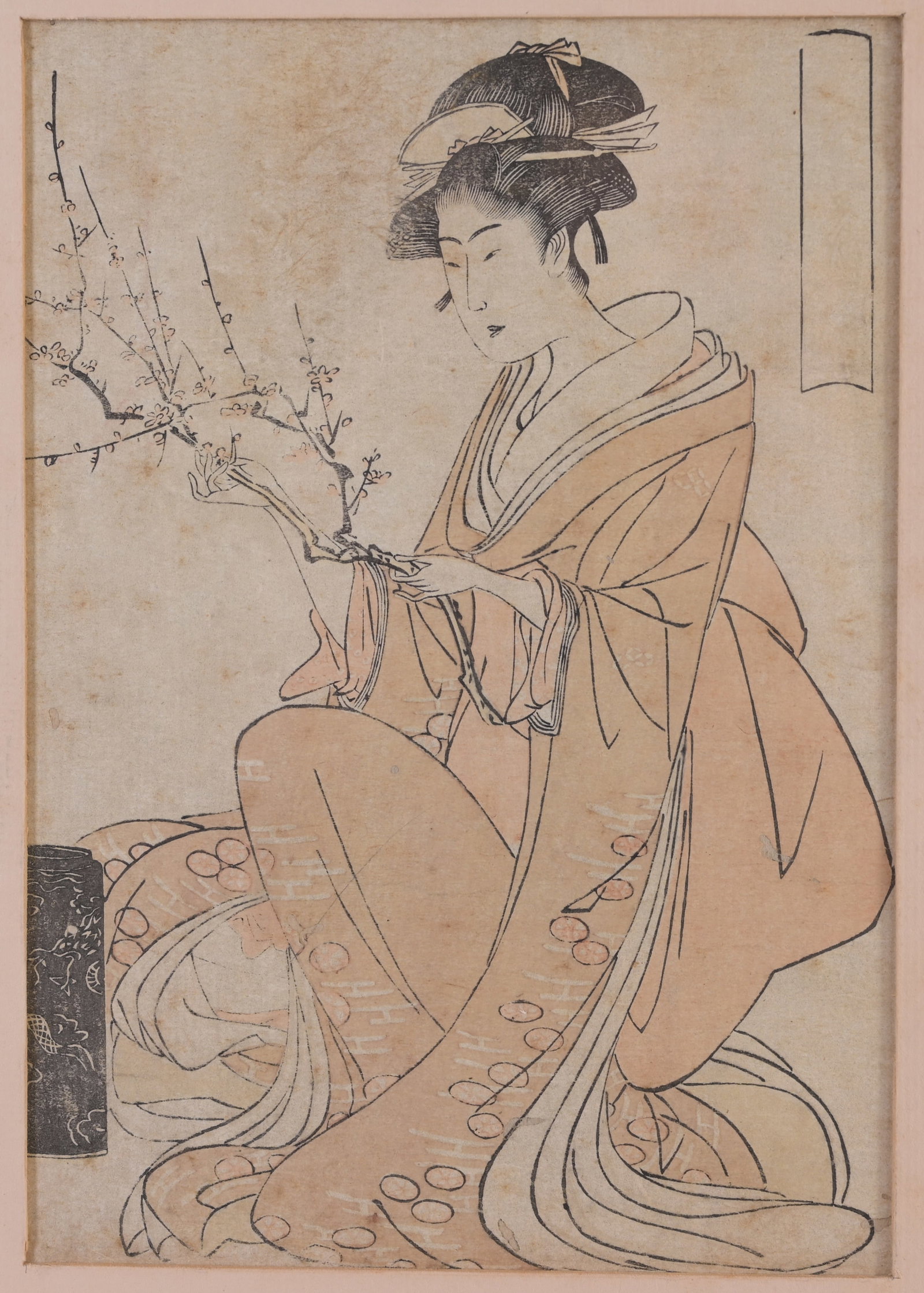 Eisho Chokosai, Antique Japanese Woodblock: Eisho Chokosai, Antique Japanese Woodblock. Old labels verso. Provenance: From the estate of Francis Luis Mora (1874-1940). Sight Size: 8.25 x 5.75 in. Overall Framed Size: 15.5 x 11.75 in.