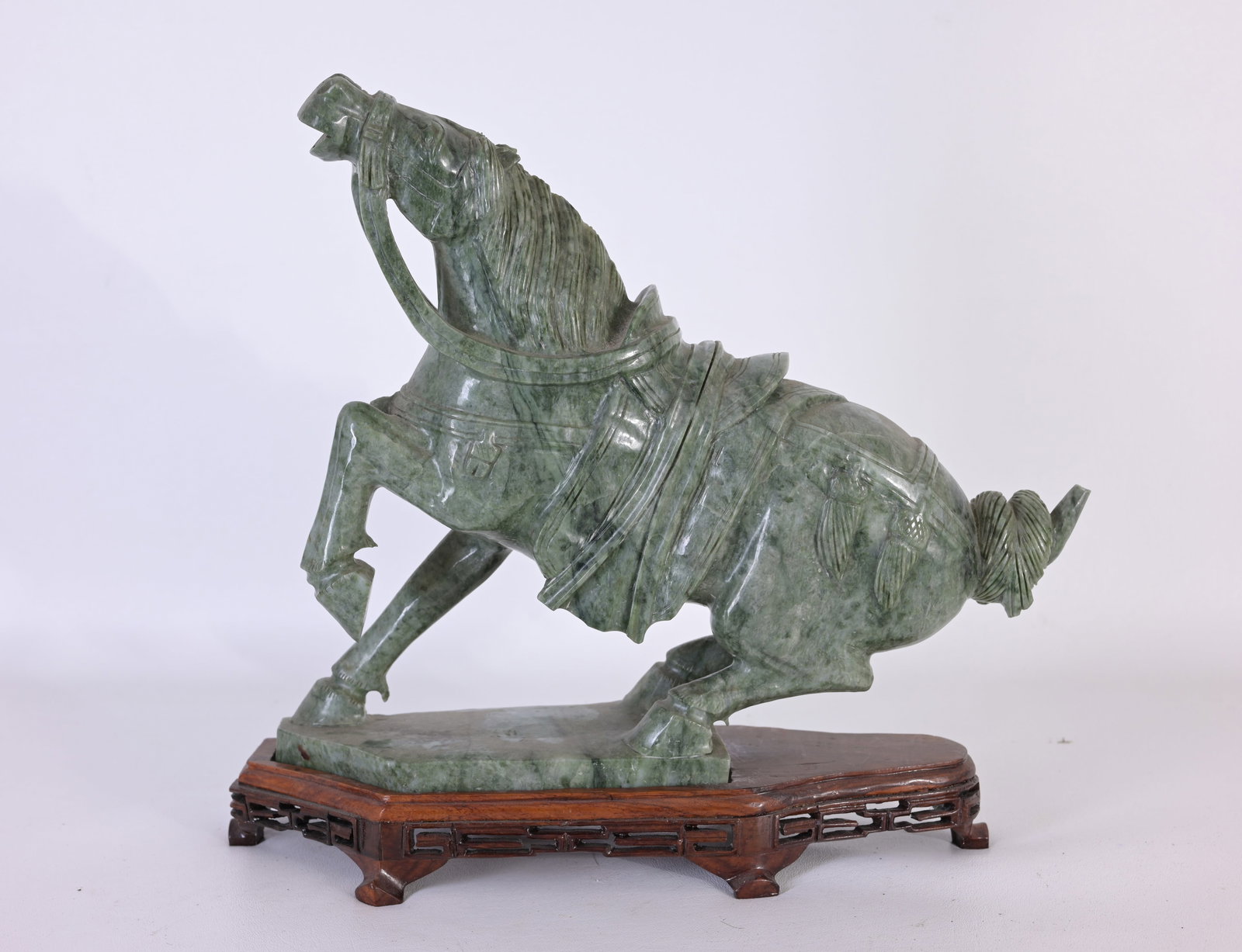 Chinese Spinach Jade Carved Horse: Chinese Spinach Jade Carved Horse with Base Dimensions: 12.5 x 13.5 x 4.25 in.