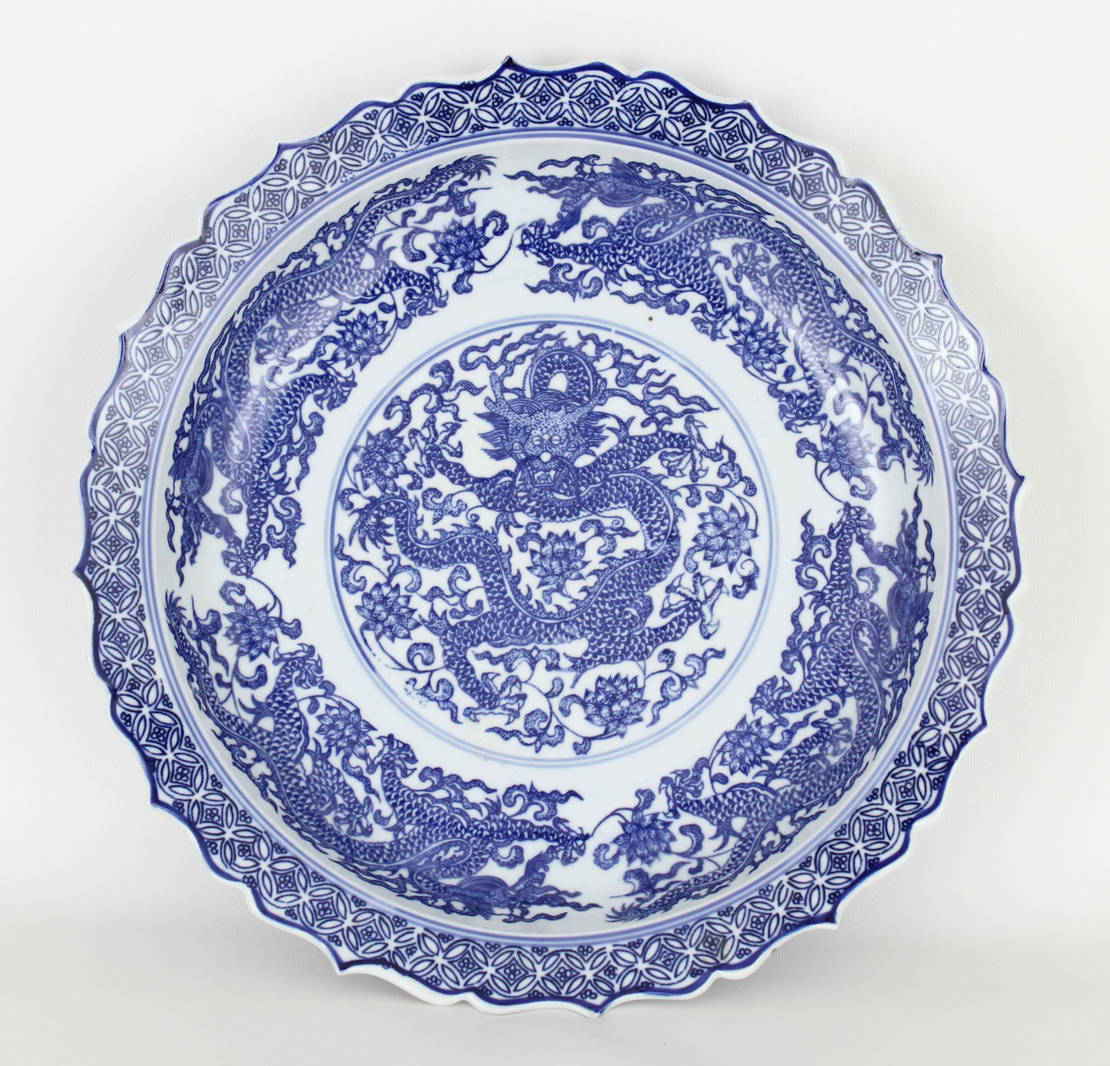 Chinese Blue/White Dragon Bowl, 6-character mark: Chinese Blue/White Dragon Bowl, 6-character mark on bottom of vessel. Diameter: 13.75 in.