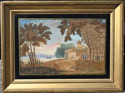 Early American Silk Embroidery: Early American Silk Embroidery painting of Mount Vernon. Silk on Canvas. Appears to be unsigned. Some condition issues lower left. Sight Size: 18 x 27.5 in. Overall Framed Size: 29 x 39 x 2.5 in. Fram