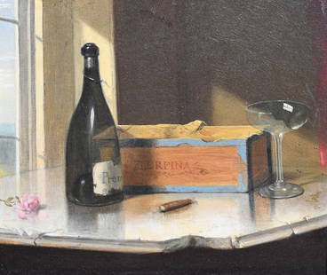 Attri. William Michael Harnett (1848 - 1892): Attributed William Michael Harnett (American, 1848 - 1892) A still life with a bottle of Champagne, a 1880 cigar box and a cigar, a broken Champagne glass, and a pink rose on a white marble top table