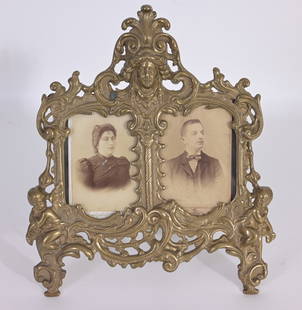 Art Nouveau Double, Gilded Bronze Picture Frame: Art Nouveau Double Photo Gilded Bronze Picture Frame, with Glass, Excellent Condition, Overall Size: 9.5 x 8 in.