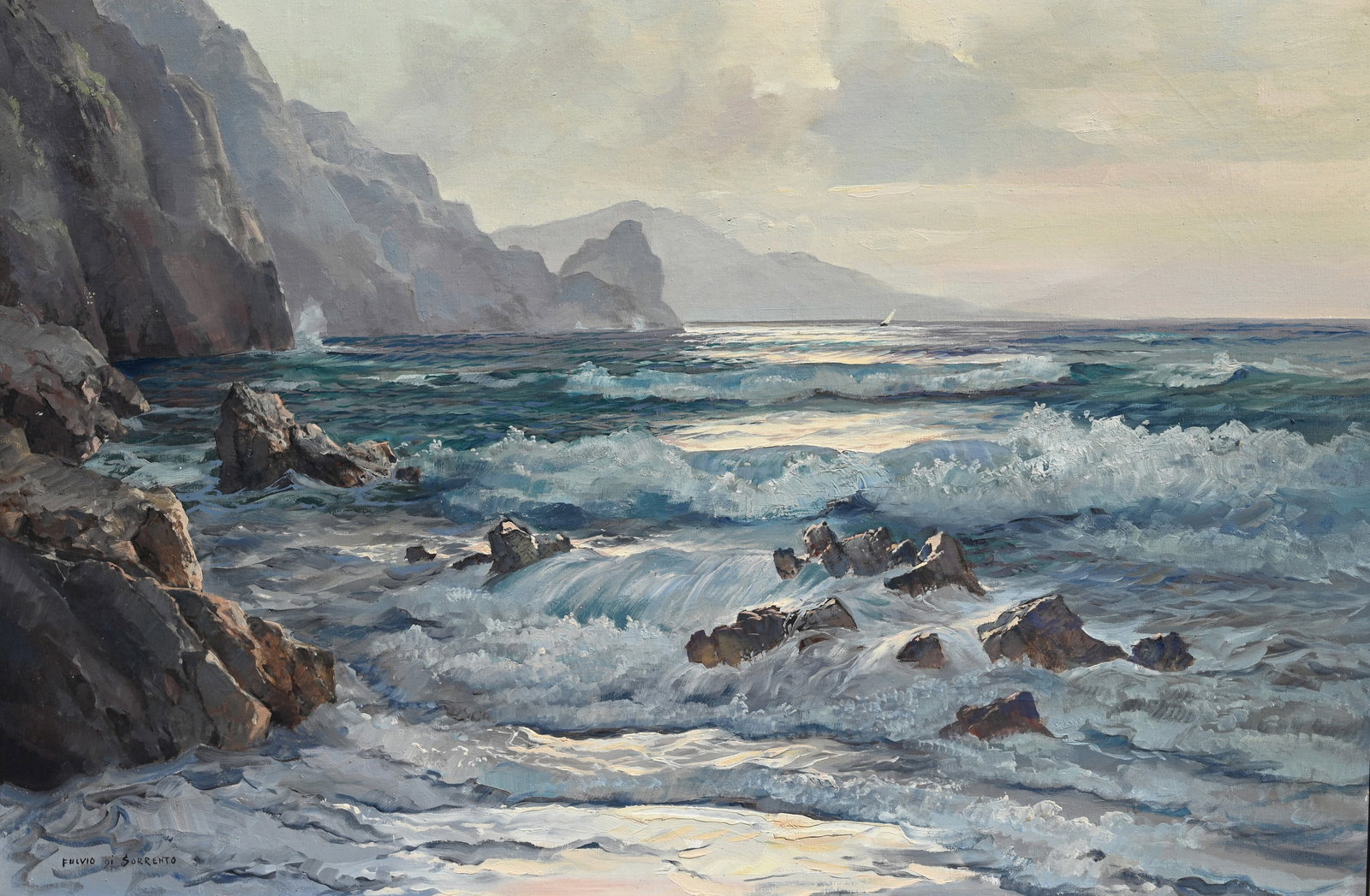 Fulvio di Sorrento, Italian 20th Century: Lake Scene with Rocky Shore Signed lower left. Oil on Canvas. Sight Size: 24 x 36 in. Overall Framed Size: 30.5 x 43 in.