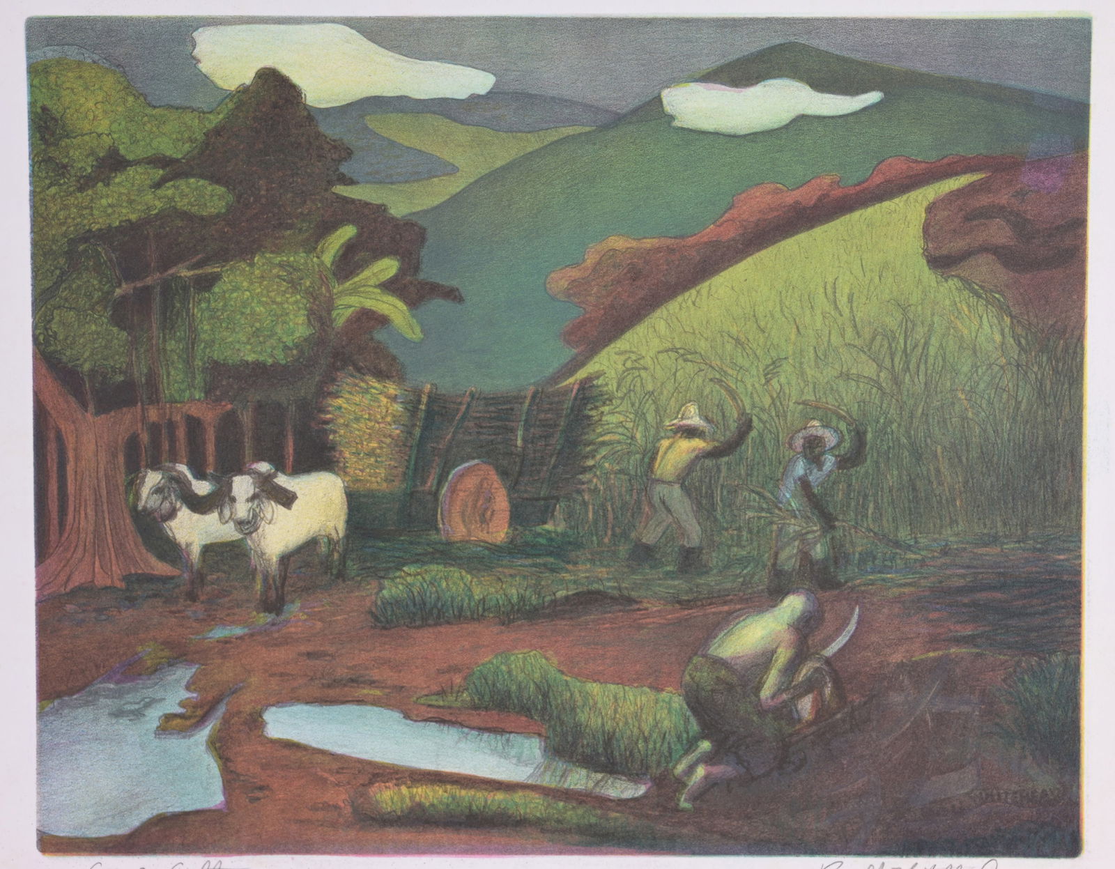 Buell Whitehead (1919 - 1993) "Cane Cutters": Buell Whitehead (FL. 1919 - 1993) "Cane Cutters" - Lithograph. Pencil signed and titled in lower margin. Image Size: 10 x 12.5 in. Sheet Size: 12.75 x 14.75 in. Unframed.