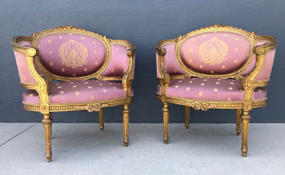 Pair 19th C. French Gilt Carved Upholstered Chairs (1 of 7)