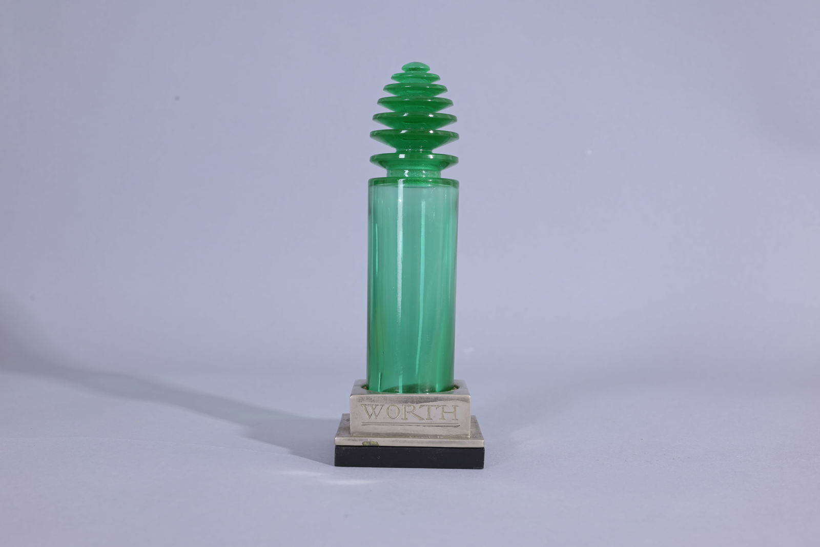 Rene Lalique "Sans Adieu" Perfume Bottle: Rene Lalique for Worth "Sans Adieu" (No Goodbys), green glass perfume bottle and stopper. Circa 1929 - (bottle # 612) (Lalique - 18) Provenance: single owner lifetime collection from Jacksonville, FL