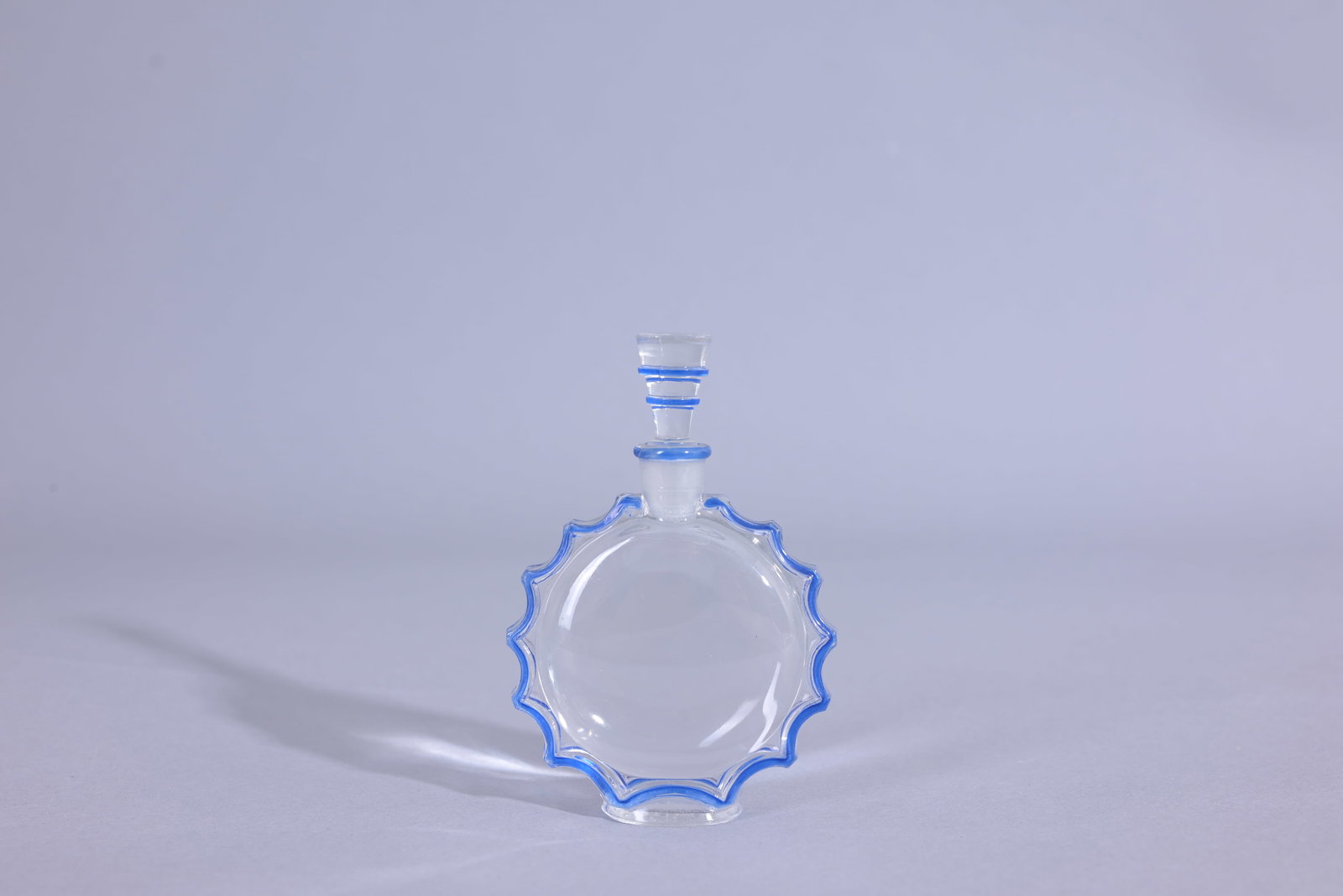 1944 Lalique for Worth 'Requete' Bottle: 1944 Rene Lalique for Worth 'Requete' Glass Perfume Bottle. Polished with blue enamel border, moulded mark Lalique France (Lalique - 38) Provenance: single owner lifetime collection from Jacksonville,