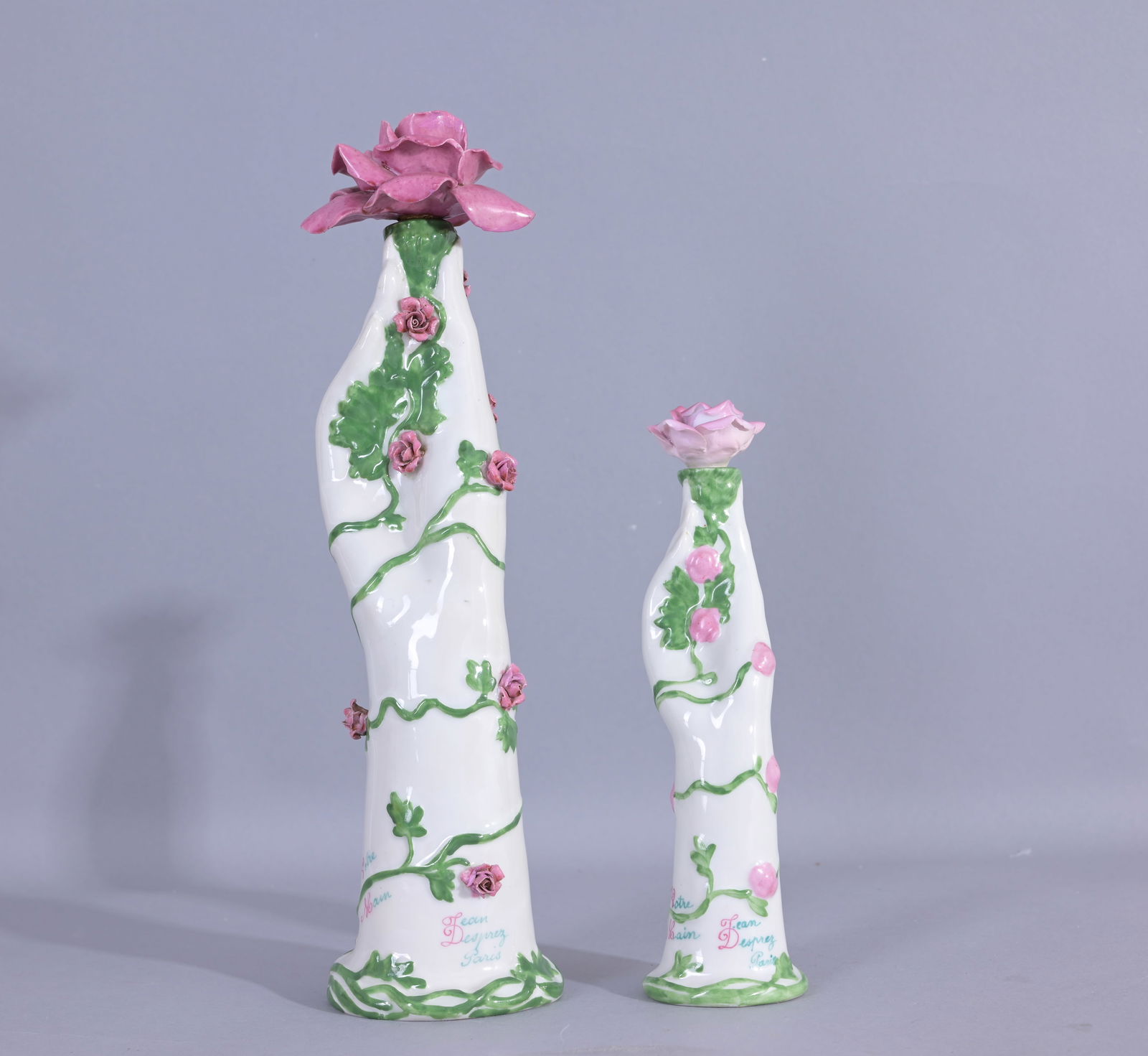 Jean Desprez "Votre Main" Porcelain Perfumes: (2) Votre Main by Jean Desprez, Votre Main means "your hand" in French. Presented in a delicate Sevres porcelain bottle, designed by Leon Leyritz, that was inspired by the hand of Jean Desprez grandmo