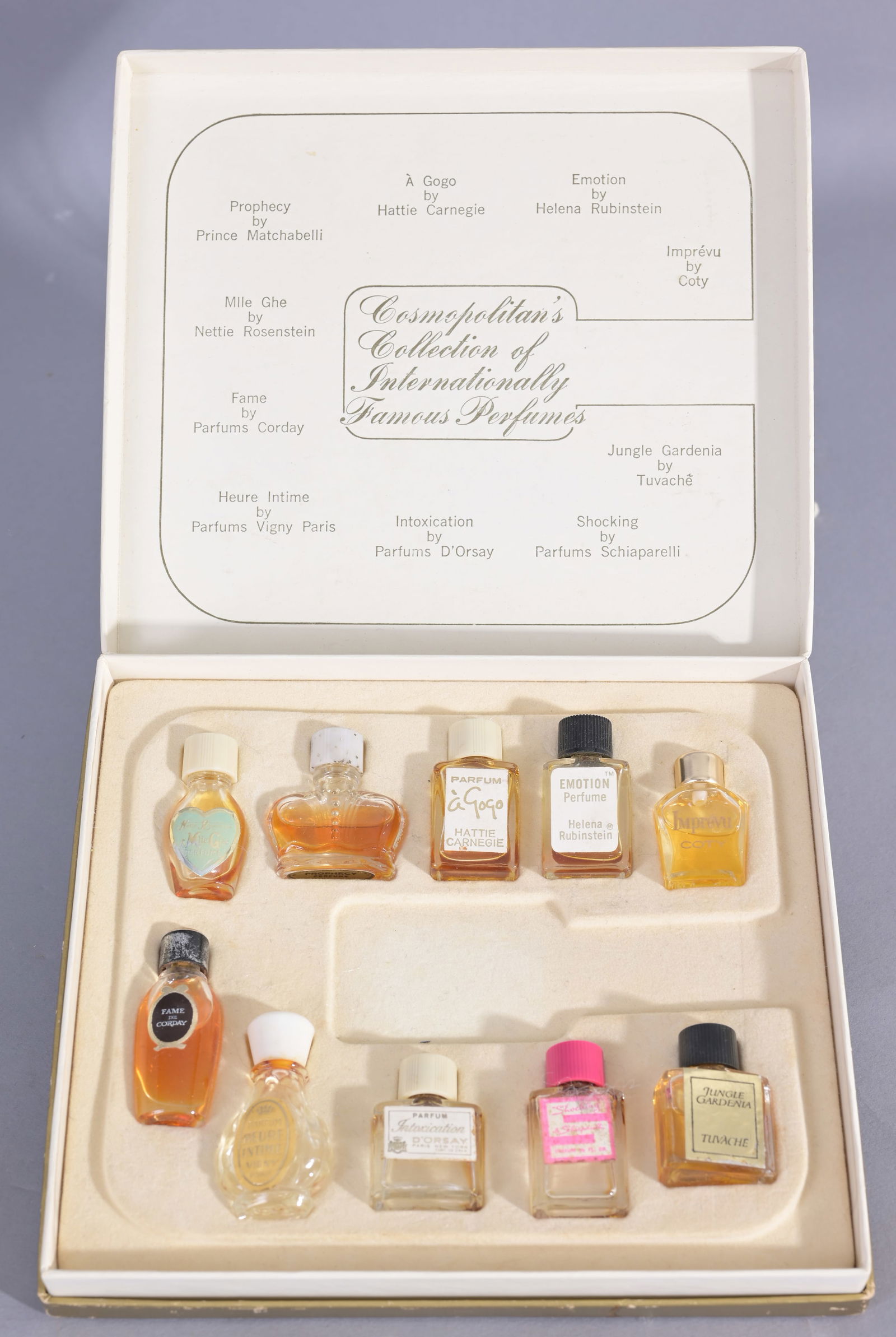 Cosmopolitan's Collection of International Perfume: Cosmopalitan's Collection of Internationally famous perfumes. Prophecy, Price Matchabelli, A Gogo by Hattie Carneige, Emotions by Helena Rubinstein, Mlle Ghe by Nettie Rosenstein, Fame by Parfums Cord