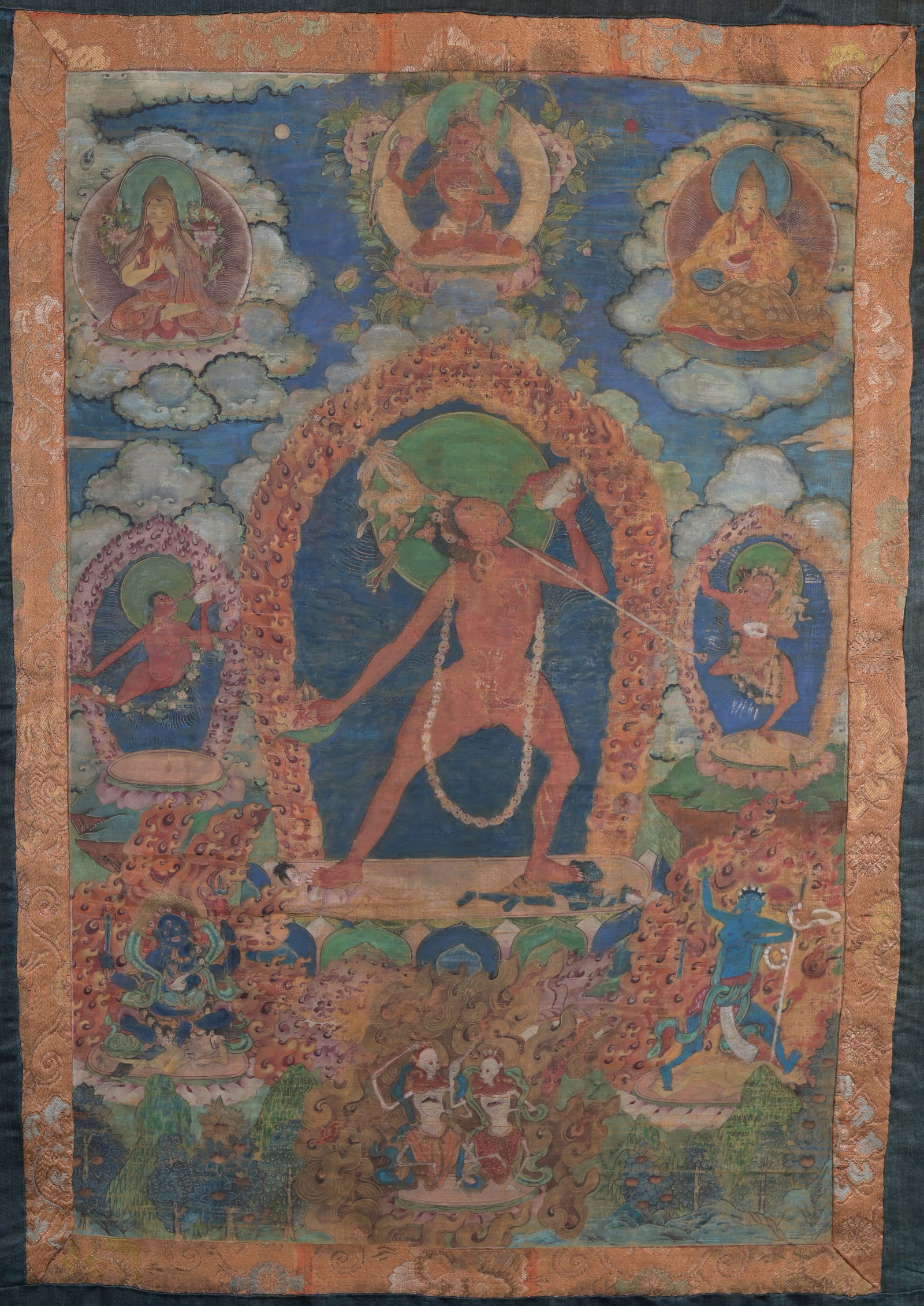 Antique Tibetan Thangka: Antique Tibetan Thangka. Hand painted on silk. Inscribed verso. Provenance: From the estate of Francis Luis Mora (1874 - 1940). Image Size: 21.25 x 14.25 in. Overall Hanging Size: 38 x 21 in.