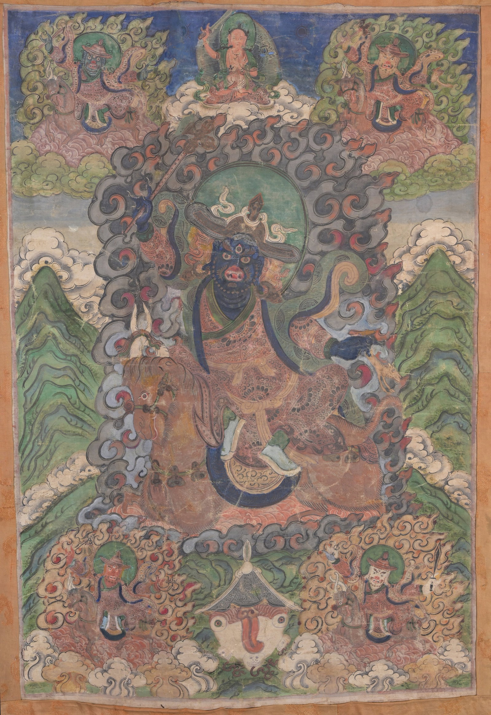 Antique Tibetan Thangka, 5 Kings: Antique Tibetan Thangka. Hand painted on silk. Depicting 5 kings. Old label verso. With exterior of image having embroidered auspicious symbols throughout. Provenance: Estate of Francis Luis Mora (187
