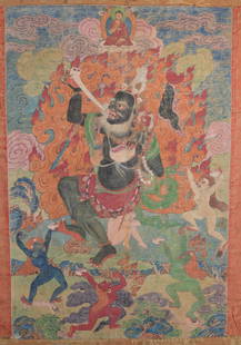 Early Antique Tibetan Thangka, Mahasiddha: Early Antique Tibetan Thangka, Mahasiddha. Hand painted on silk. Old label verso. Provenance: Francis Luis Mora (1874 - 1940). Image Size: 28 x 18.75 in. Overall Hanging Size: 45.5 x 24 in.