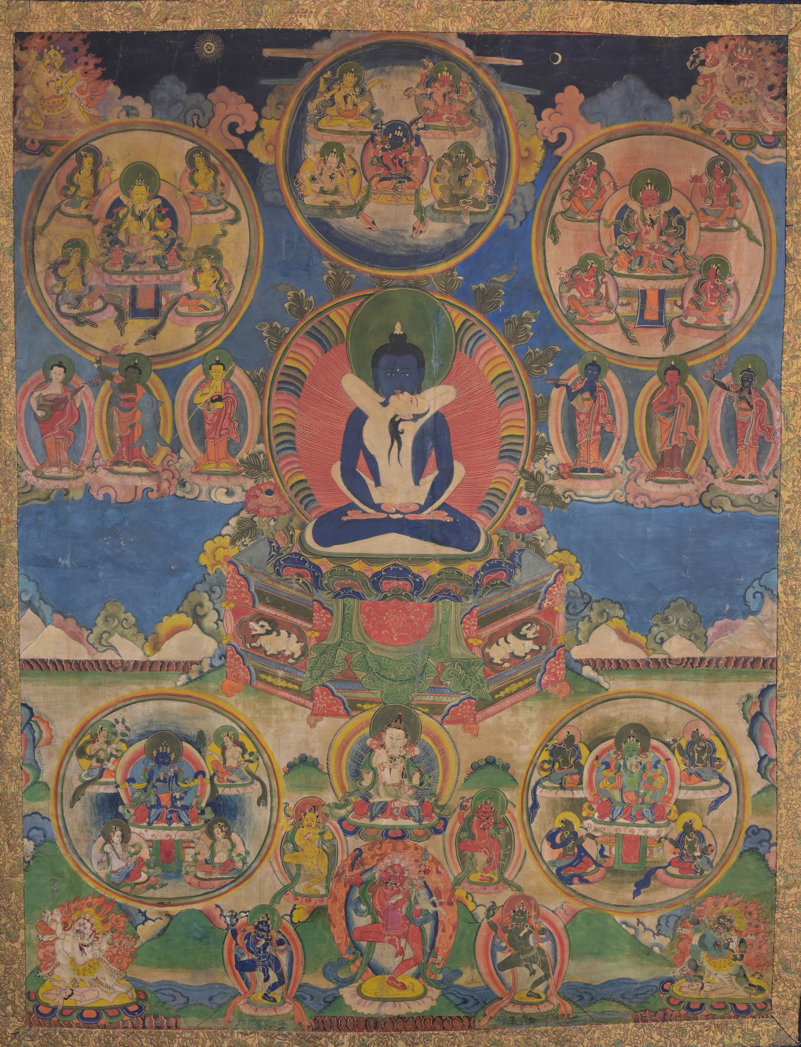 Antique Tibetan Thangka, Bardo: Antique TIbetan Thangka, Bardo. Hand painted on silk. Floral embroiderery surrounding exterior of image. Provenance: From the estate of Francis Luis Mora (1874 - 1940). Image Size: 26.25 x 20.25 in. O