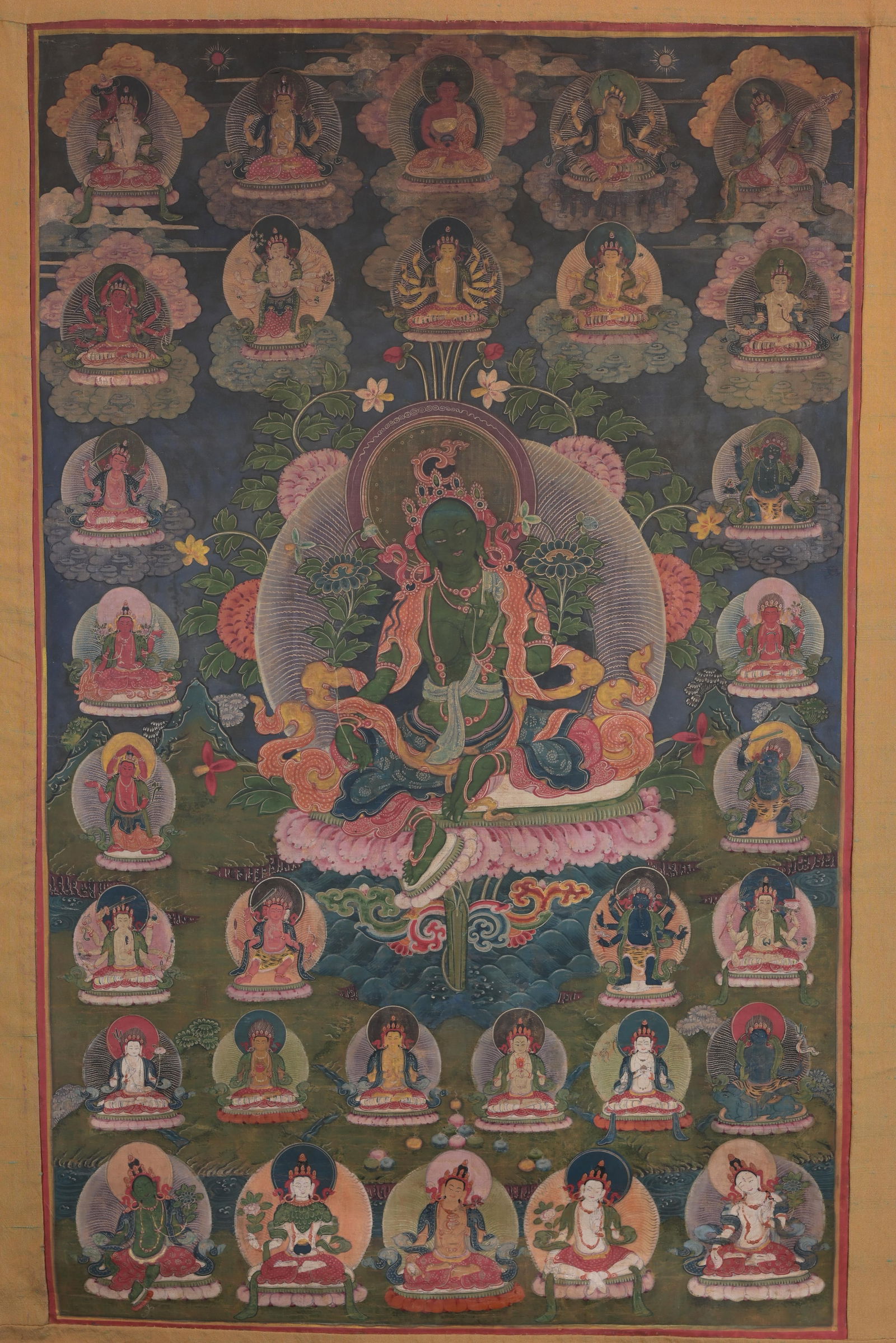 Early Antique Tibetan Thangka, Green Tara. Signed (1 of 15)