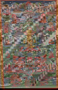 Antique Tibetan Thangka, Signed: Antique Tibetan Thangka, Signed and inscribed verso in script. Hand painted on silk. Provenance: Estate of Francis Luis Mora (1874 - 1940). Image Size: 28.5 x 17.5 in. Overall Hanging Size: 46 x 25.5