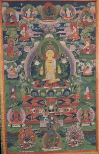 Antique Tibetan Thangka, Signed: Antique Tibetan Thangka, Signed and inscribed verso in script. Hand painted on silk. Provenance: Estate of Francis Luis Mora (1874 - 1940). Image Size: 28.5 x 17.5 in. Overall Hanging Size: 46 x 25.5