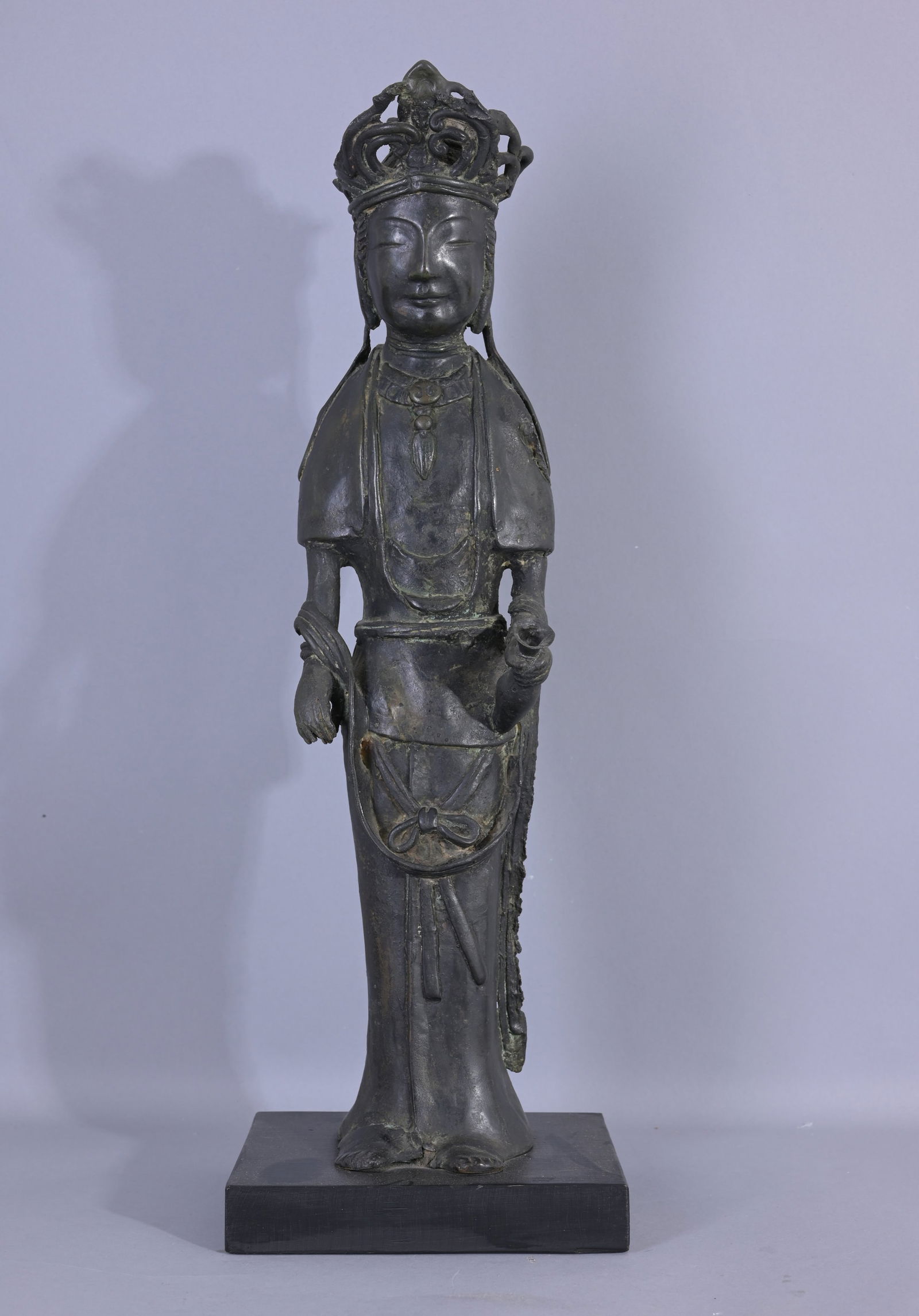 Antique Tibetan Bronze Figure on Stand: Antique Tibetan Bronze Figure on Stand. Provenance: Estate of Francis Luis Mora (1874 - 1940). Height: 20 in (including stand).