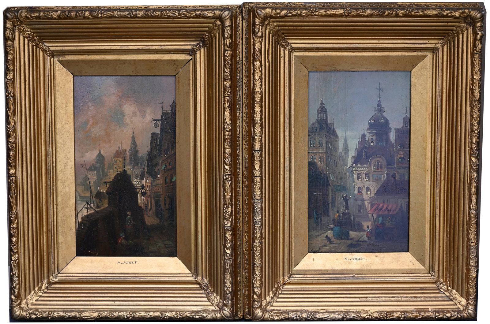 A Josef - Pair of European Street Scenes: A. Josef' Russian School; Oil on wooden panel depicting European street scene with orthodox cathedral series in background. Signed in lower corners. Sight Sizes: 12.25 x 7 1/8 in. Overall Framed Sizes