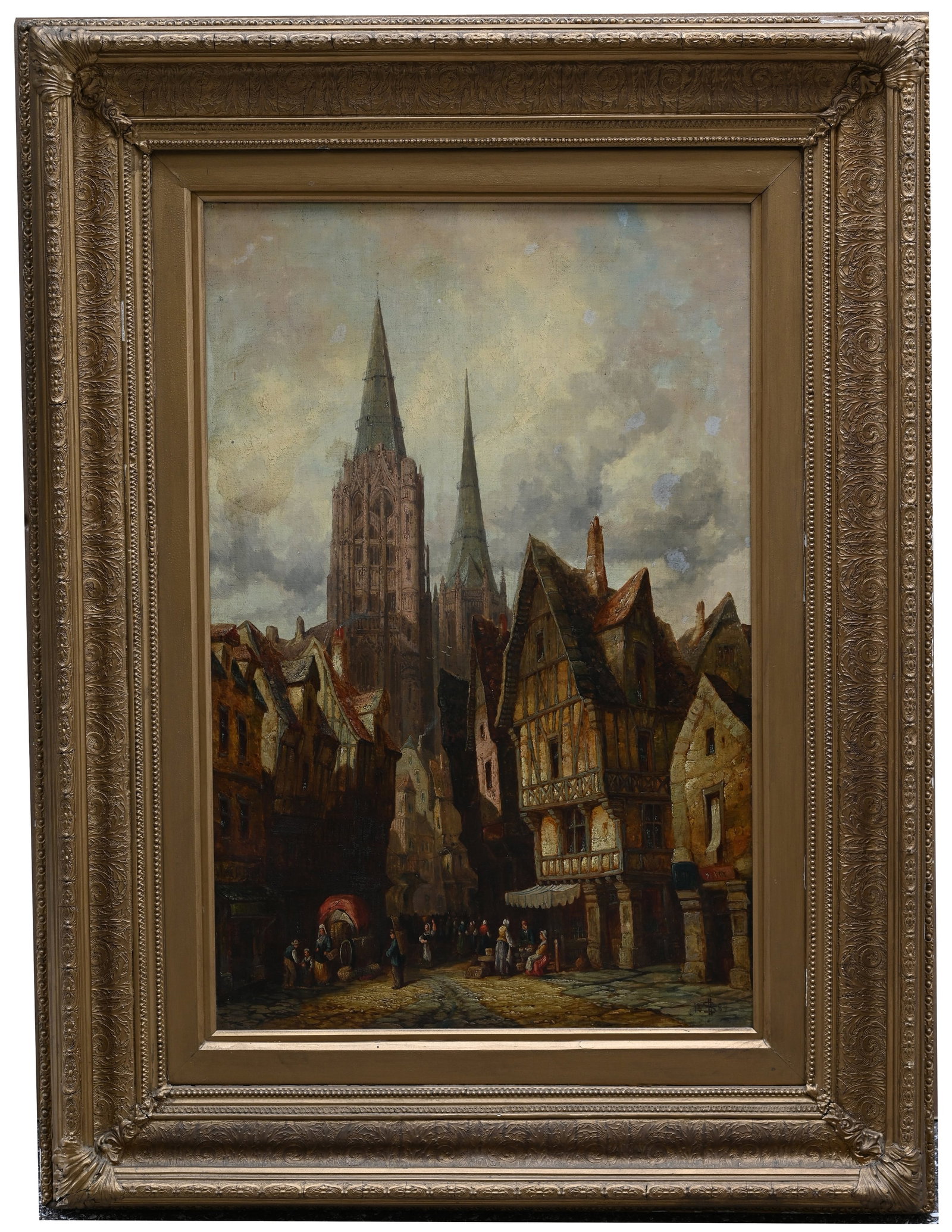 Henri Schafer (1833-1916) "Caudebec-en-Caux": Henri Schafer (France/Germany, 1833-1916) "Caudebec-en-Caux , Seine France" Oil on Lined Canvas. Signed and dated (1884) lower right. Old label verso. Sight Size: 30 x 20 in. Overall Framed Size: 42 x