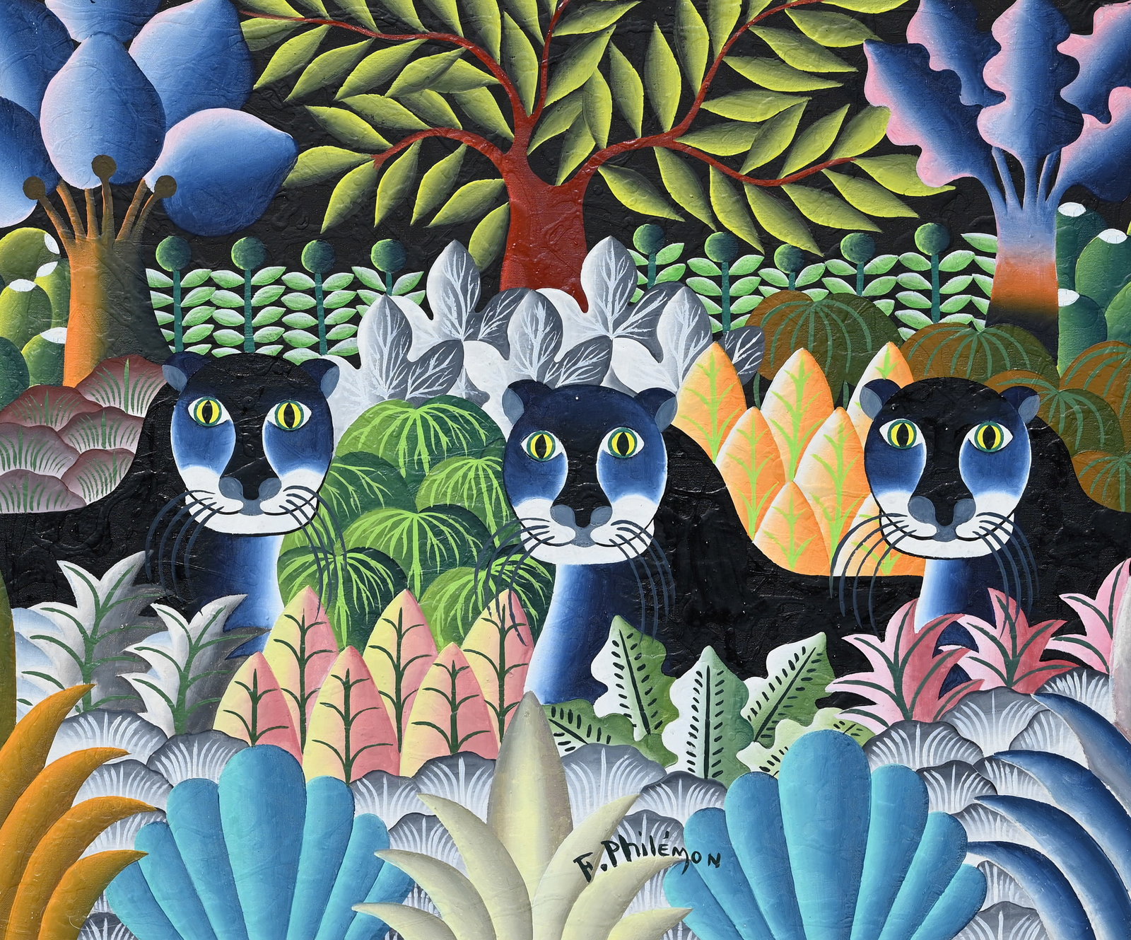 Jean Volcy Philemon (Haitian, 1956 - 1999): Jean Volcy Philemon (Haitian, 1956 - 1999) Oil on Canvas. Signed lower center. Sight Size: 19.5 x 23.25 in. Overall Framed Size: 28 x 32 in.