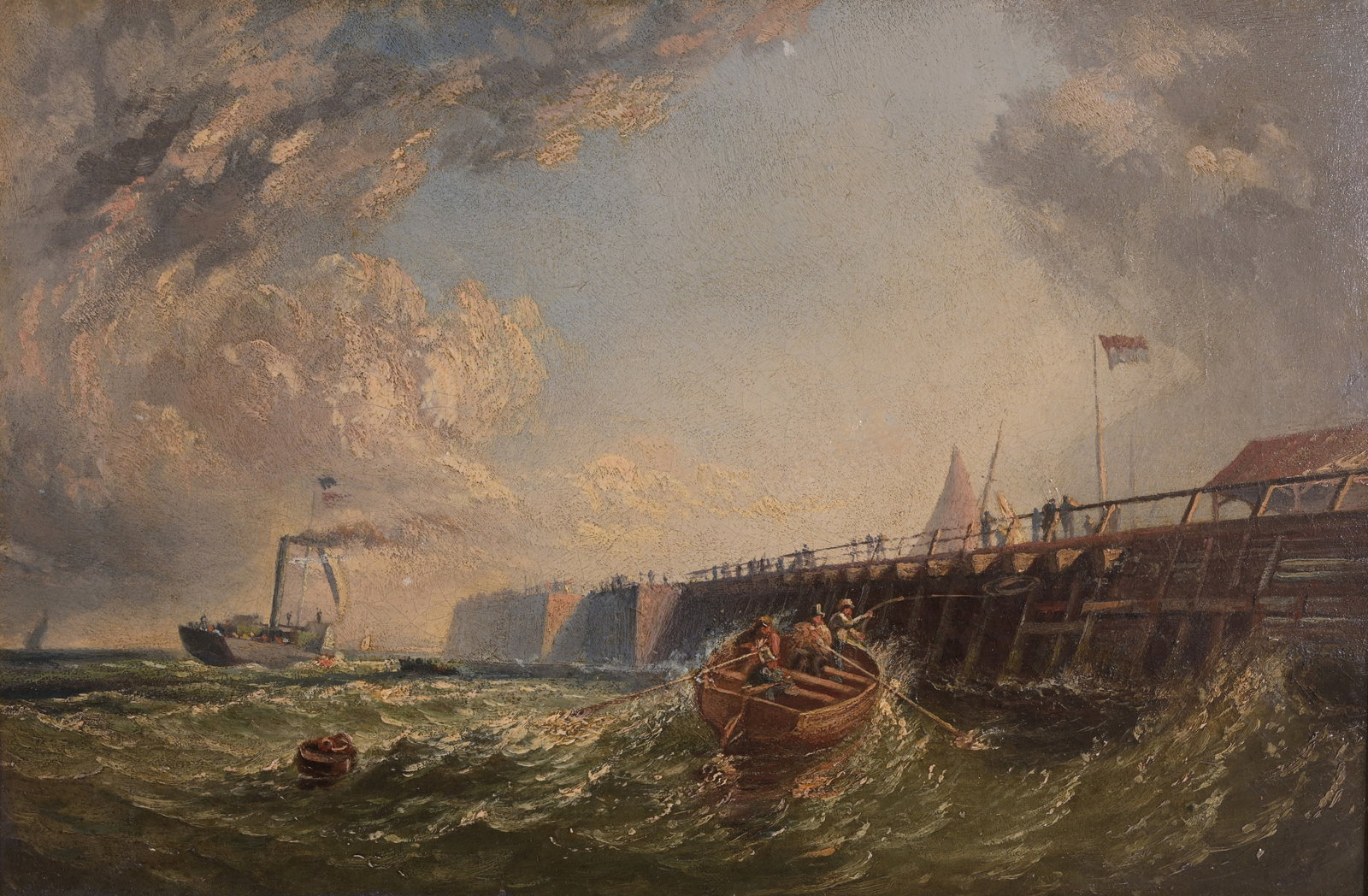 Thomas Sewell Robins (1810 - 1880): Thomas Sewell Robins (British, 1810 - 1880) "Pier at Calais France" Oil on Canvas laid on Board. Signed lower right. Sight Size: 11.5 x 17.5 in. Overall Framed Size: 17 x 23 in.