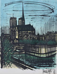 Bernard Buffet (1928-1999) "Notre Dame": Bernard Buffet (French, 1928-1999) "Notre Dame De Paris" Color Lithograph. Signed in plate. Sight Size: 22 x 18 in. Overall Framed Size: 30 x 25 in. Framed behind glass.