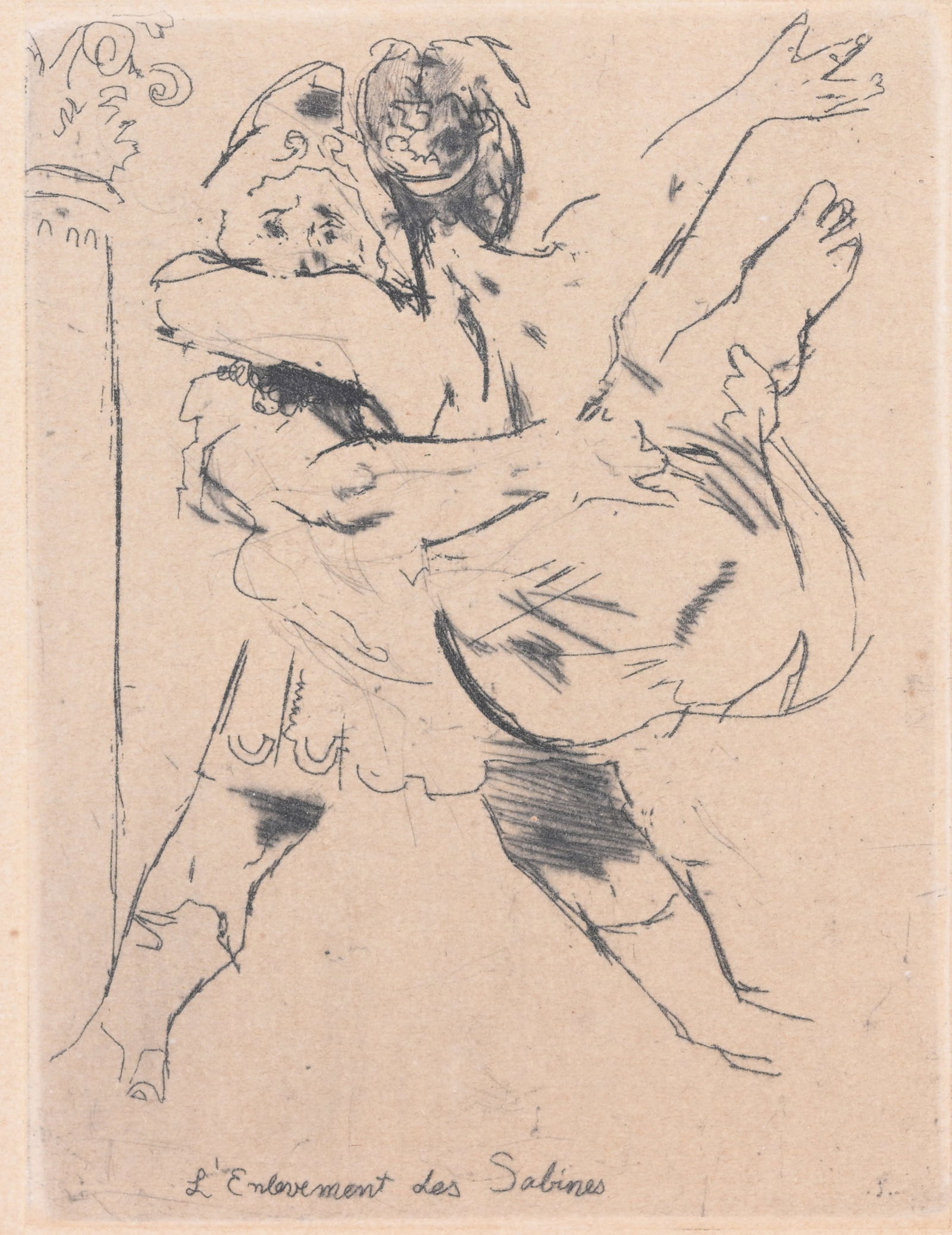 Jack Levine (1915 - 2010): Jack Levine (American, 1915 - 2010) 'L' Elevement Des Sabines' Pencil signed and numbered (247/250) lower margin. Etching Sight Size: 3.5 x 3 in. Overall Framed Size: 16 x 13 in. Framed behind glass.