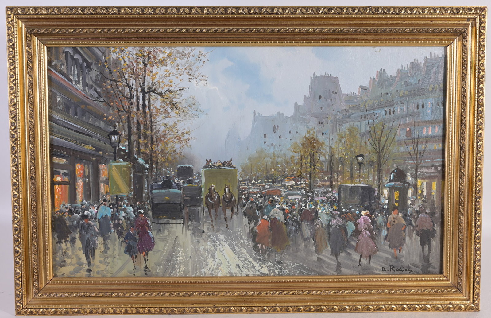 Augusto Radice (1913-?): Augusto Radice (1913-?) Paris Scene, Signed A Radice, on Verso Titled "Parigi Boulevard des Bohemiens", "Per Autentica A. Radice", Oil on Canvas Board Sight Size: 11 x 19 in. Overall Framed Size: 15 x