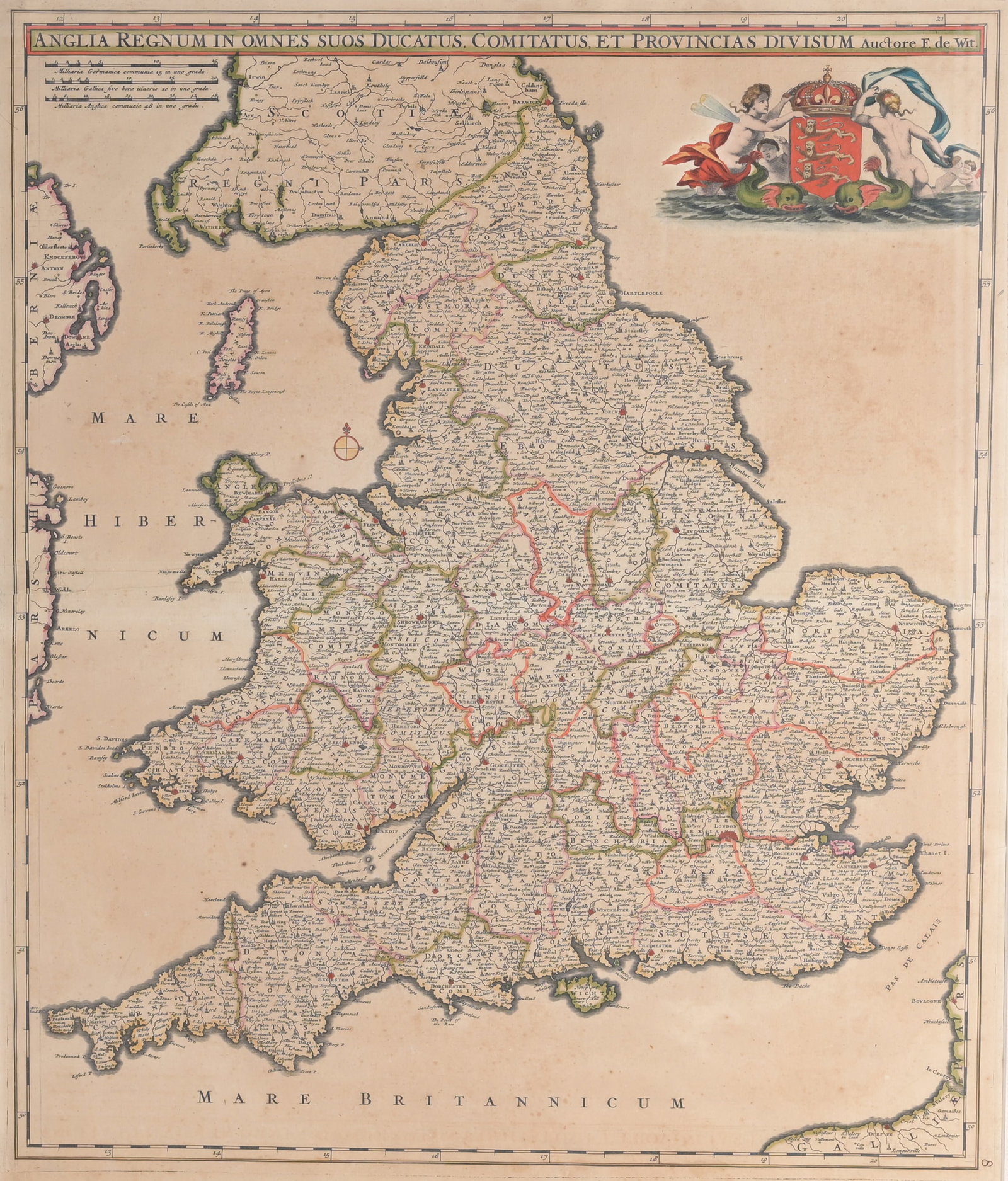Antique Map of England - 1670: F. De Wit Antique Print 1670 - Amsterdam Map of England Image Size: 23.5 x 20 in. Overall Framed Size: 33 x 28.75 in. Framed behind glass.