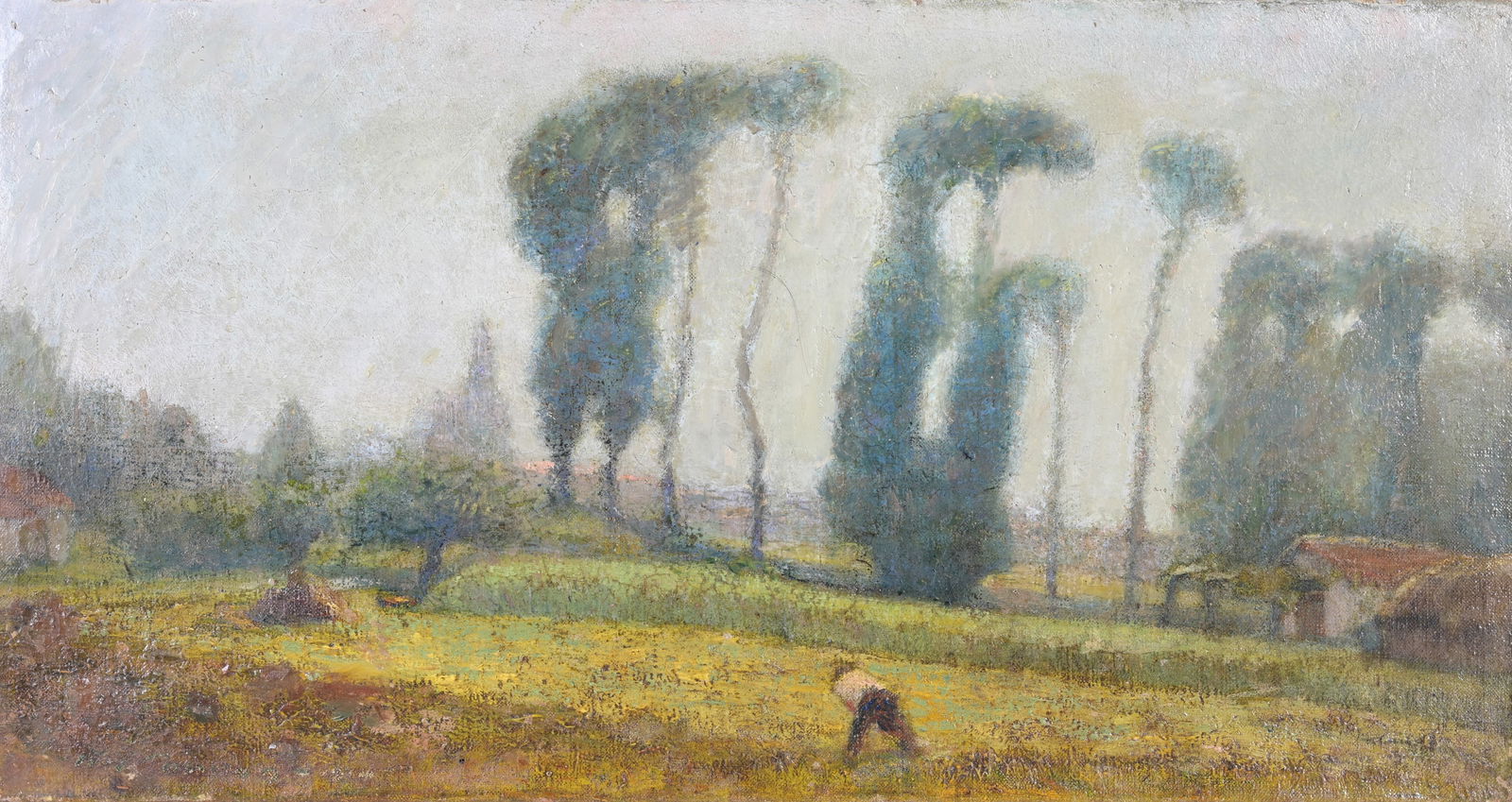 Follower of Jean-Baptiste-Camille Corot: Follower of Jean-Baptiste-Camille Corot (1796 - 1875) Painting of a man in a landscape. Oil on canvas. Size: 9.5 x 18 in. Unframed.