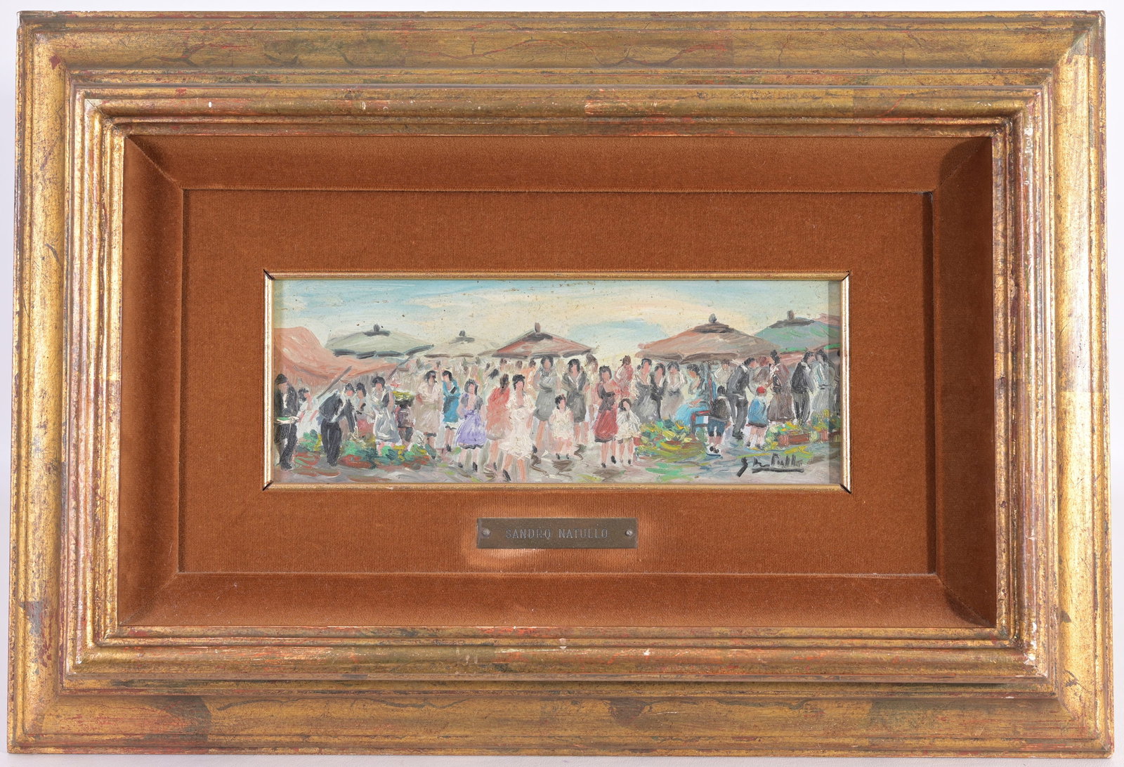Sandro Natullo (20th C.) Figures on Beach: Sandro Natullo (20th C.) Group of Figures on Beach Oil on Board. Signed lower right. Sight Size: 3.5 x 10 in. Overall Framed Size: 13.5 x 20 x 4 in.