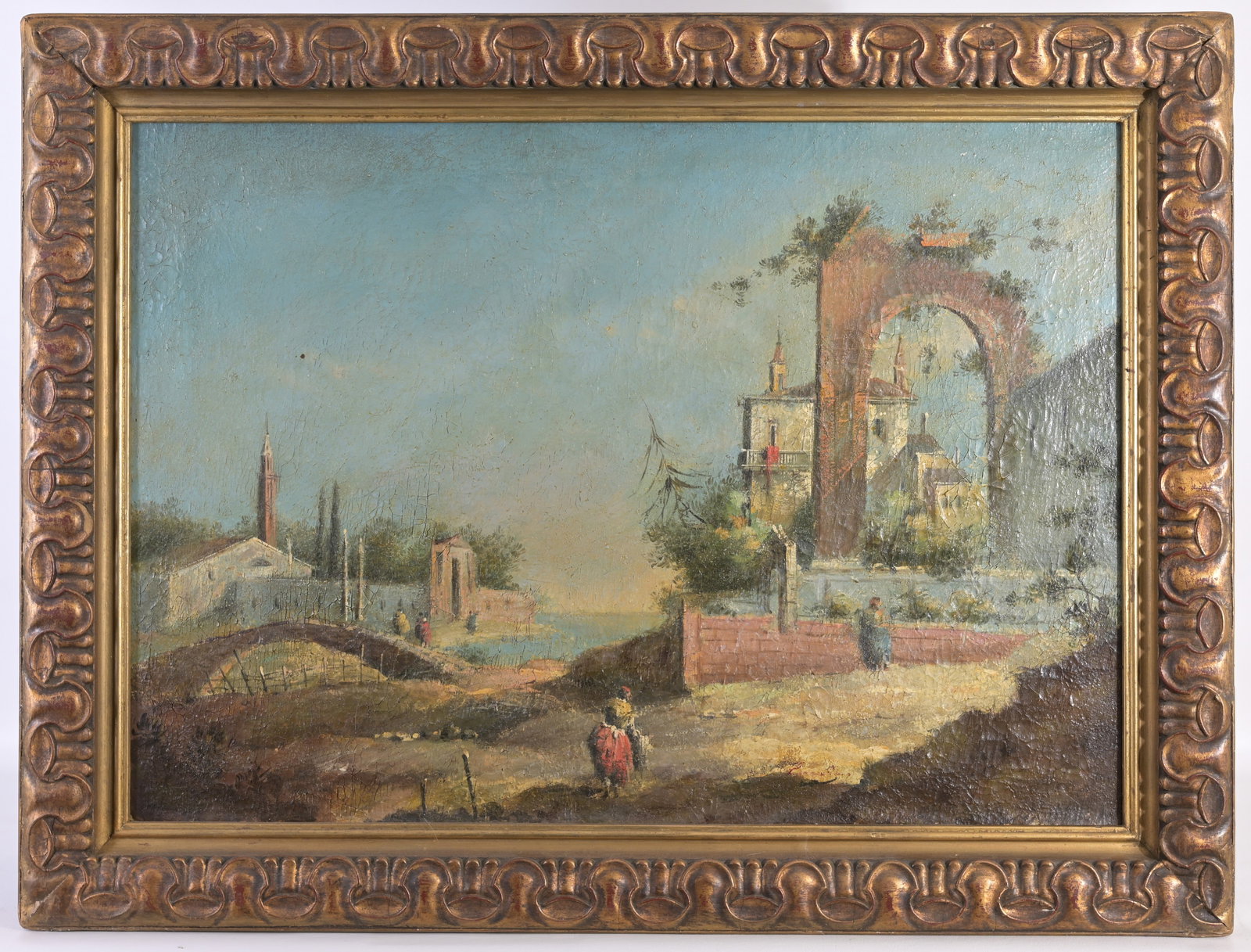 19th C. Italian School: 19th century Italian school painting of figures near a village. Oil on canvas. Housed in a later added frame. Sight Size: 20 x 28 in. Overall Framed Size: 25 x 33 in.