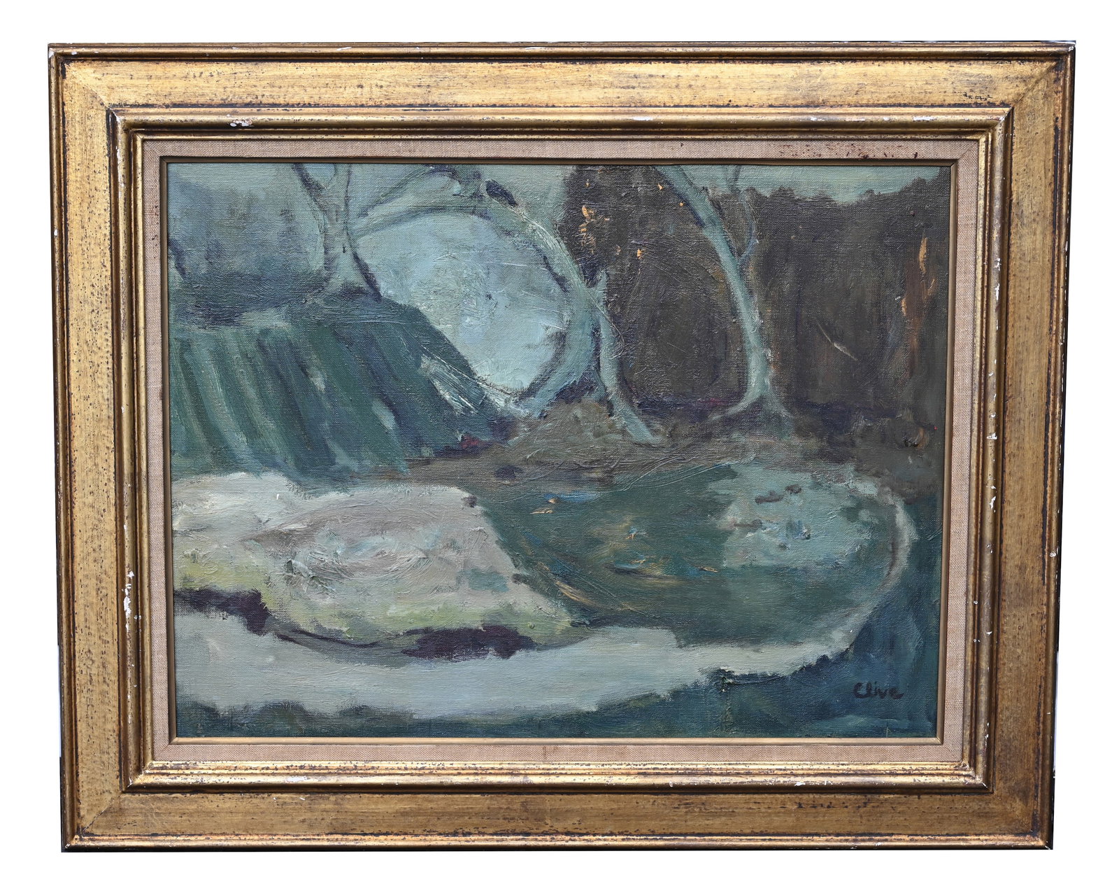 Winifred Johnson Clive (1906 - 2001): Winifred Johnson Clive (American, 1906 - 2001) "Paysage Vert" c. 1964 Oil on canvas. Signed lower right. Sight Size: 18.25 x 24 in. Overall Framed Size: 24.5 x 30.5 in. Proceeds from the sale of this