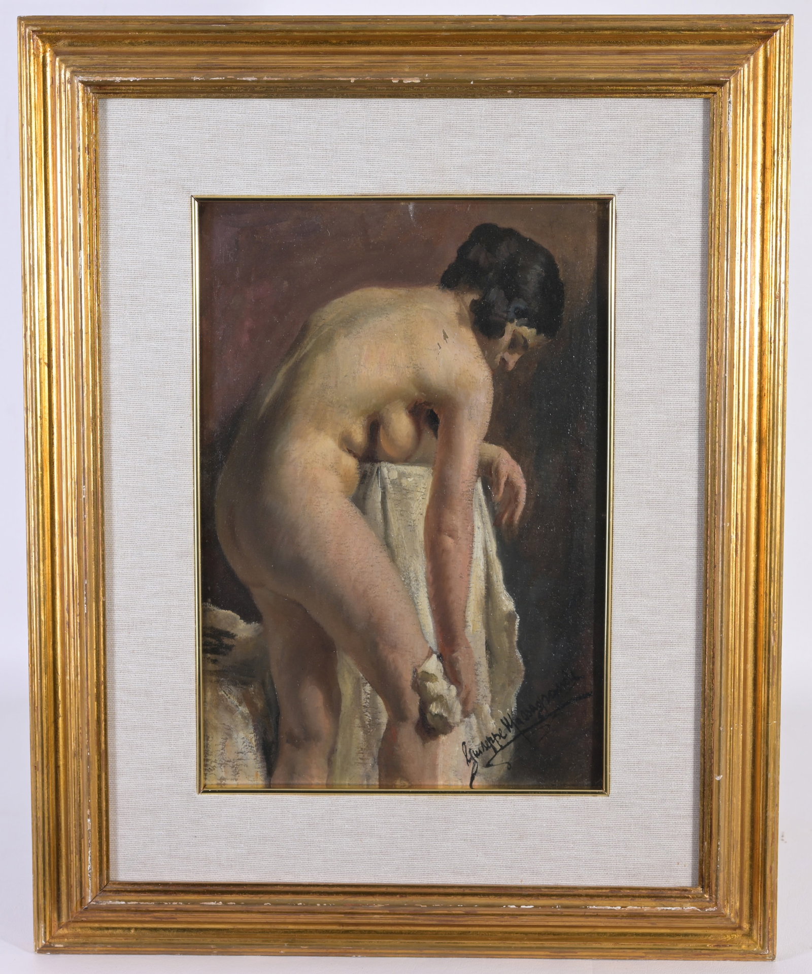 Italian, Early 20th Century: Italian, Early 20th Century, Lady at Her Bath, Oil on Card, Bears Signature. Image Size 12.5 x 8.5 in. Overall Framed Size: 20 x 15.75 in. Framed behind glass.