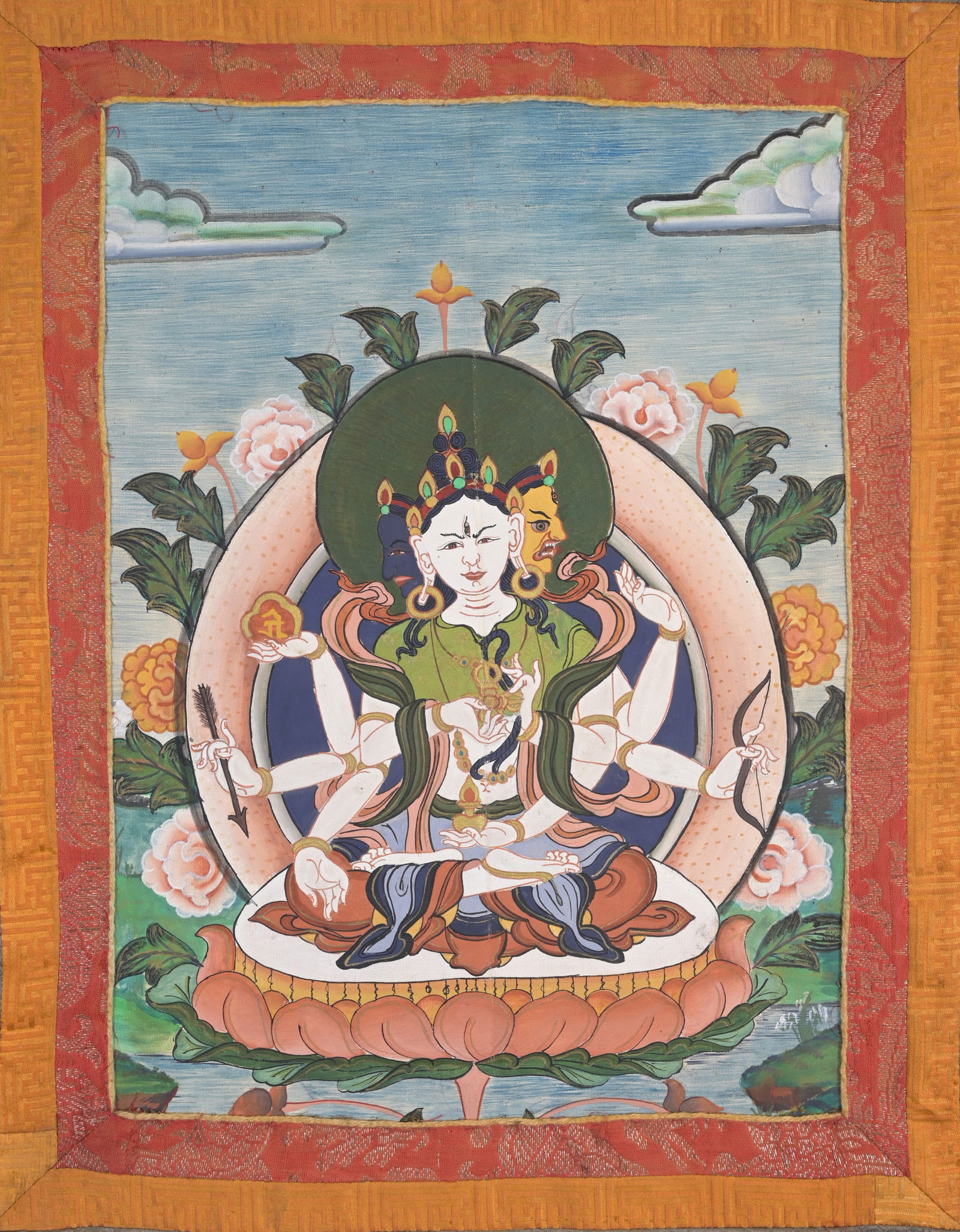 Antique Tibetan Thangka, Bhutan: Antique Tibetan Thangka, Bhutan. Hand painted on silk. Provenance: Estate of Francis Luis Mora (1874 - 1940). Image Size: 13.75 x 10 in. Overall Hanging Size: 29 x 21 in.