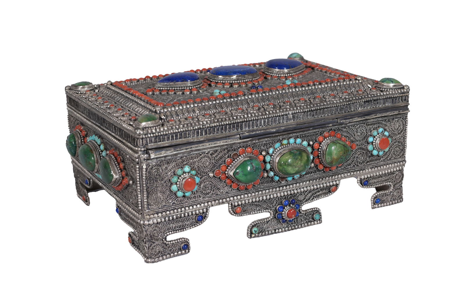 Tibetan Filigree Inlay Box w/ Turquoise & Coral (1 of 11)