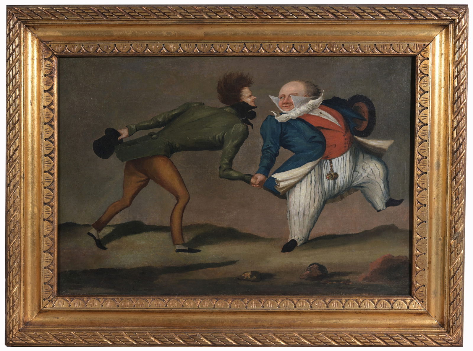 European School Satirical Painting of Gentleman: European School, Antique Satirical Painting of Gentleman Oil on Canvas. Appears to be unsigned. Sight Size: 14 x 21 in. Overall Framed Size: 19 x 25.5 in.