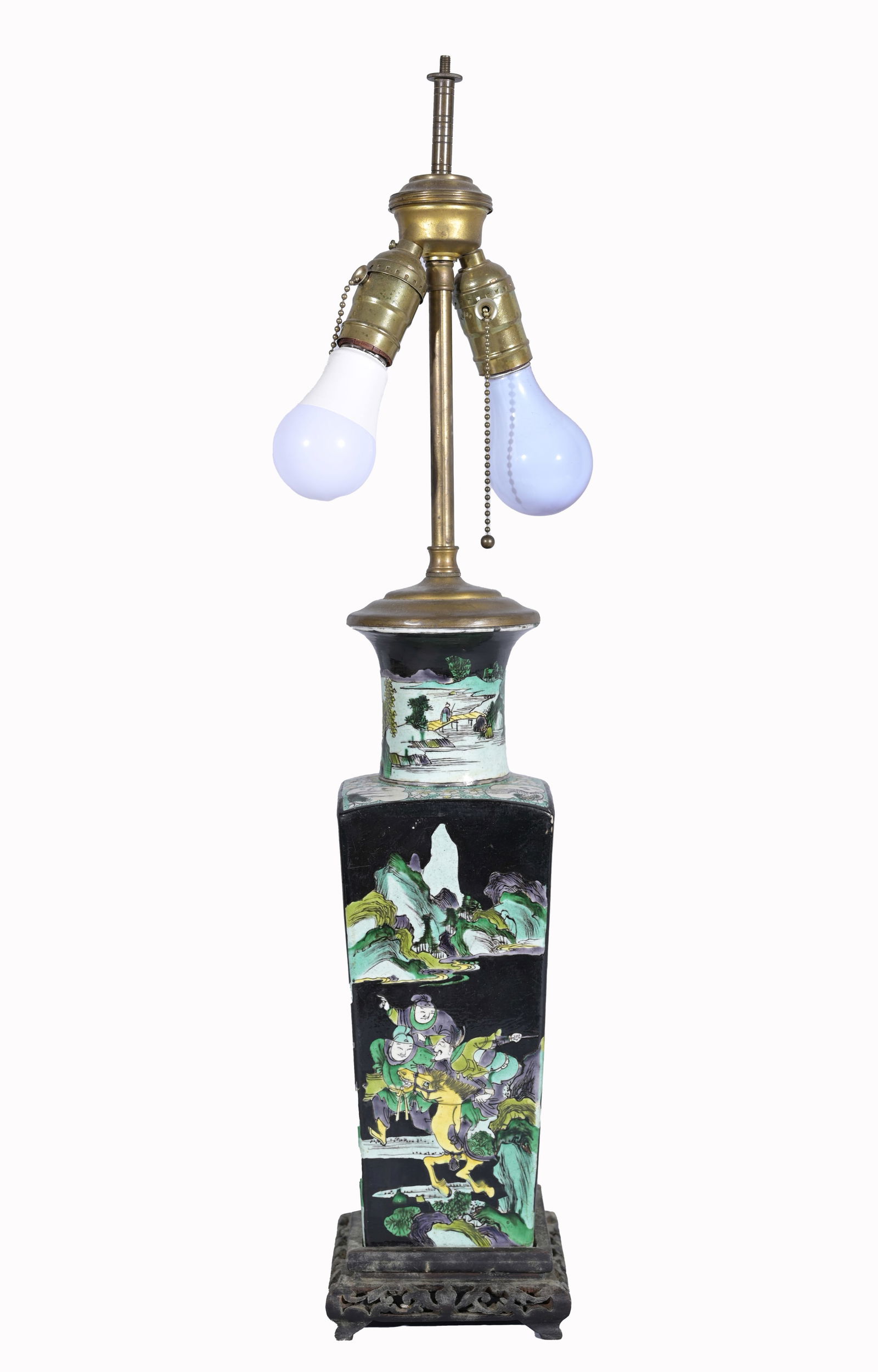 Chinese Famille Noir Porcelain Vase Mounted Lamp: Chinese Famille Noir Porcelain Vase Mounted Lamp Height: 27 in.