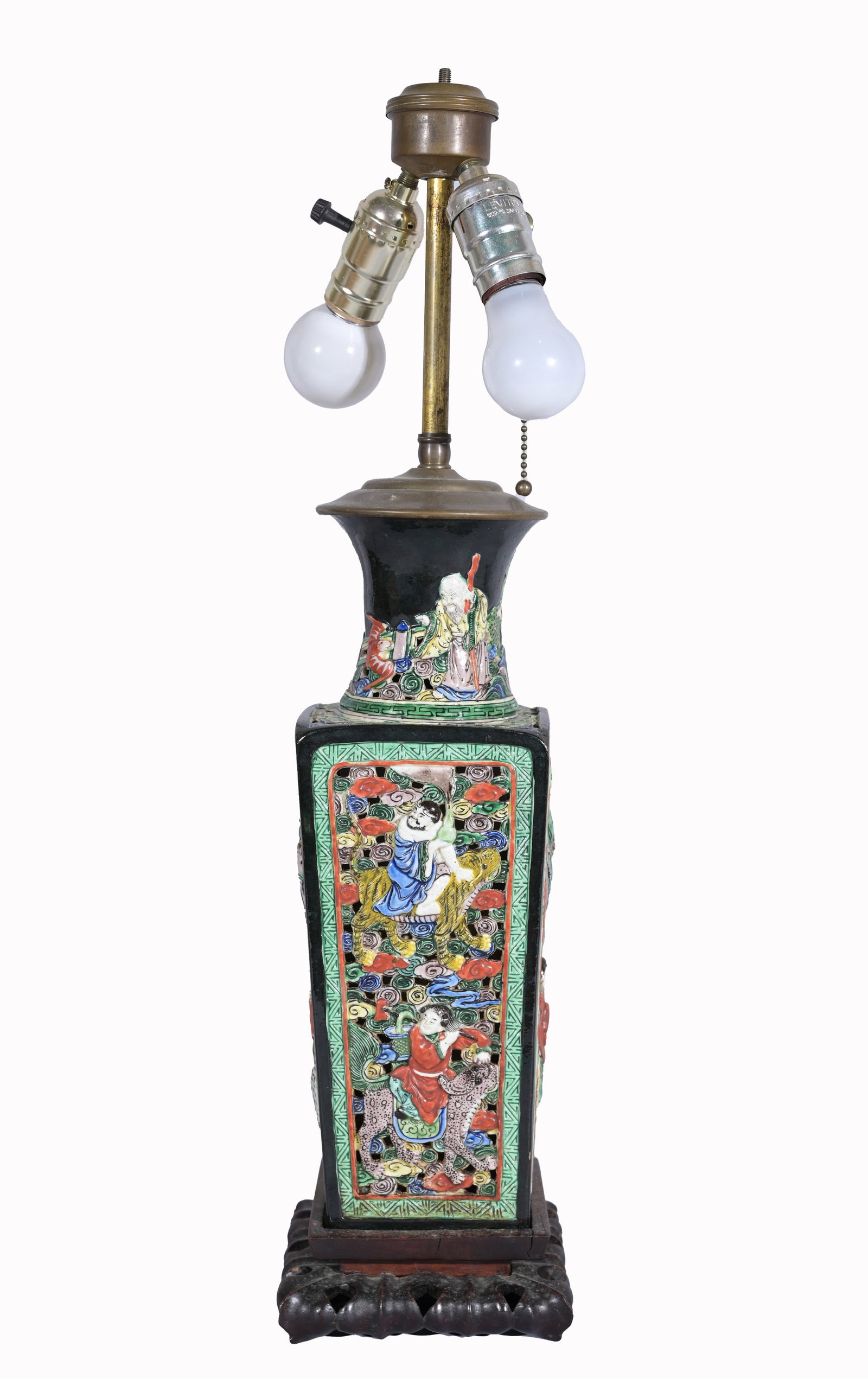 Chinese Famille Noir Porcelain Vase Mounted Lamp: Chinese Famille Noir Porcelain Vase Mounted Lamp Height: 23.5 in.