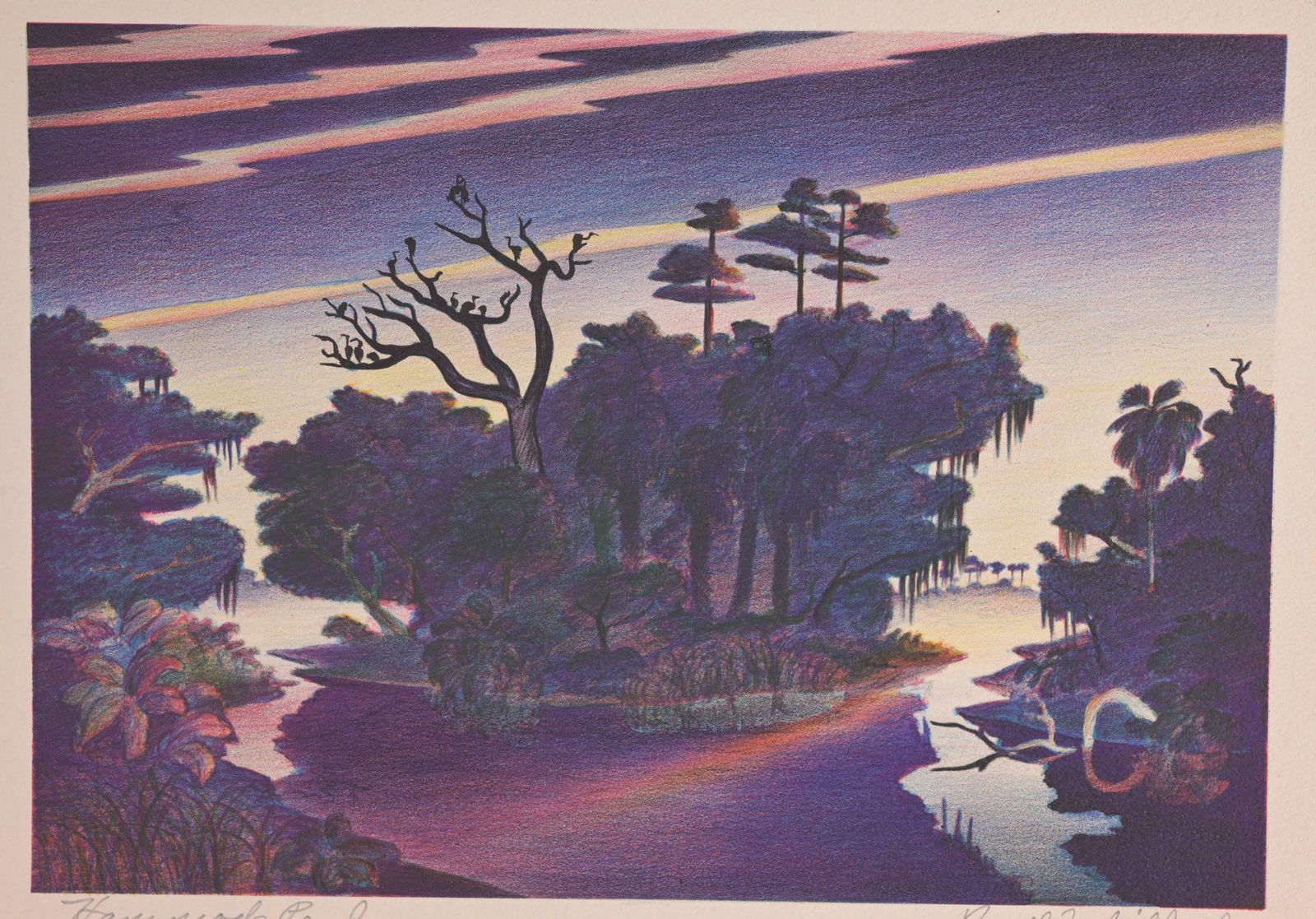 Buell Whitehead (1919 - 1993) "Hammock Ponds": Buell Whitehead (FL. 1919 - 1993) "Hammock Ponds" (Chipley, Florida) Pencil signed and titled lower margin. Image Size: 7.25 x 10.5 in. Sheet Size: 9 x 12.5 in. Unframed.